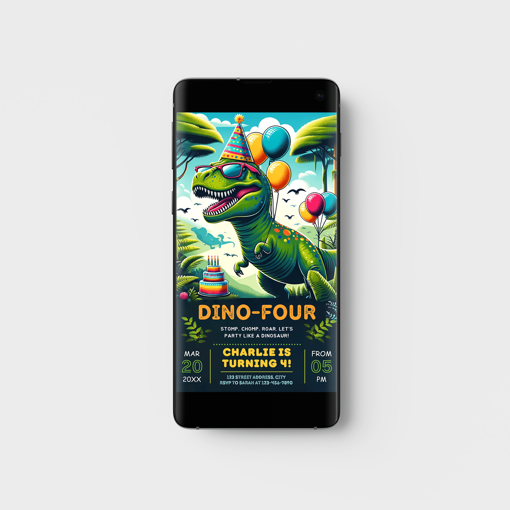 Editable Dino Four Fourth Birthday Party Invitation Card, Digital Dinosaur Birthday Invite, Electronic Boy 4th Birthday Mobile Evite