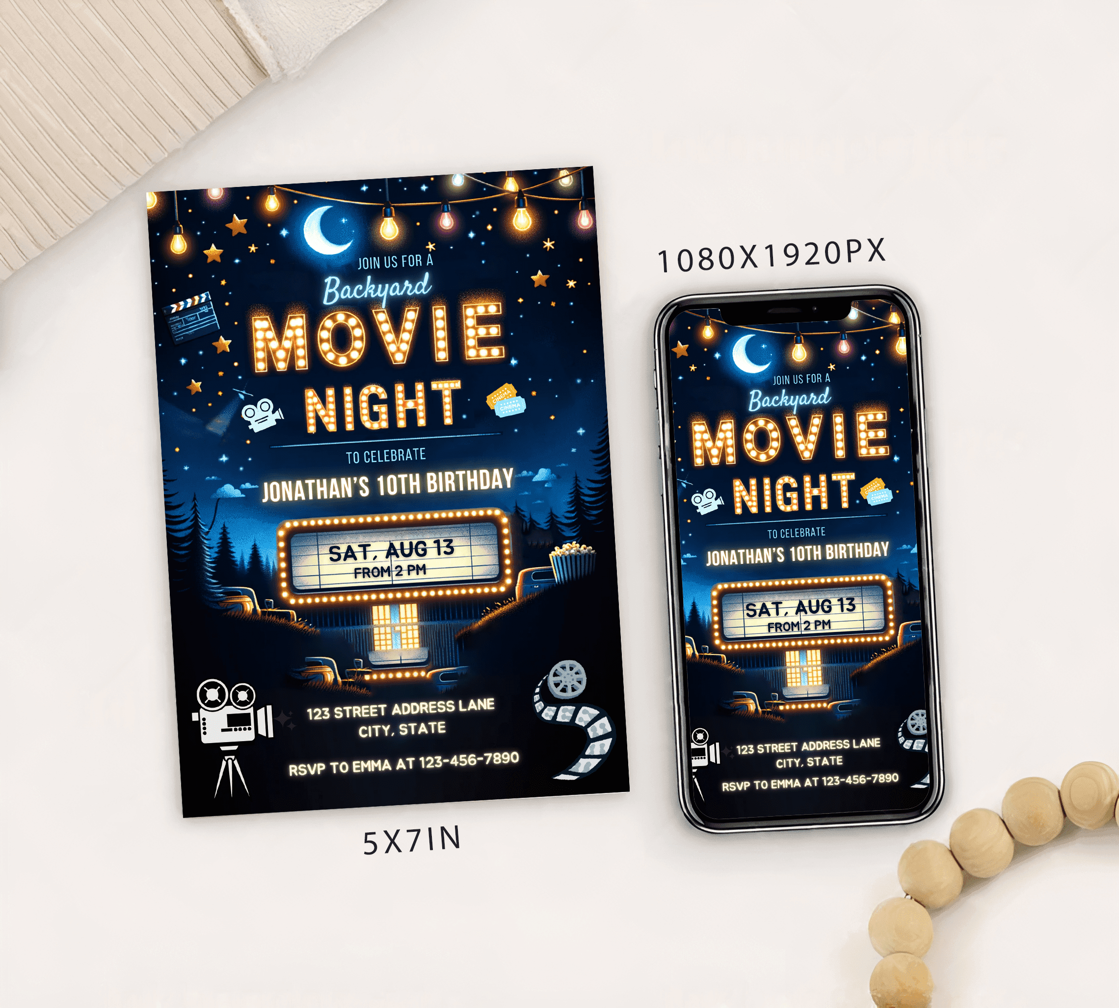 Editable Backyard Movie Night Birthday Party Invitation Card Template, Digital Cinema Birthday Party Invite, Electronic Movie Party Evite