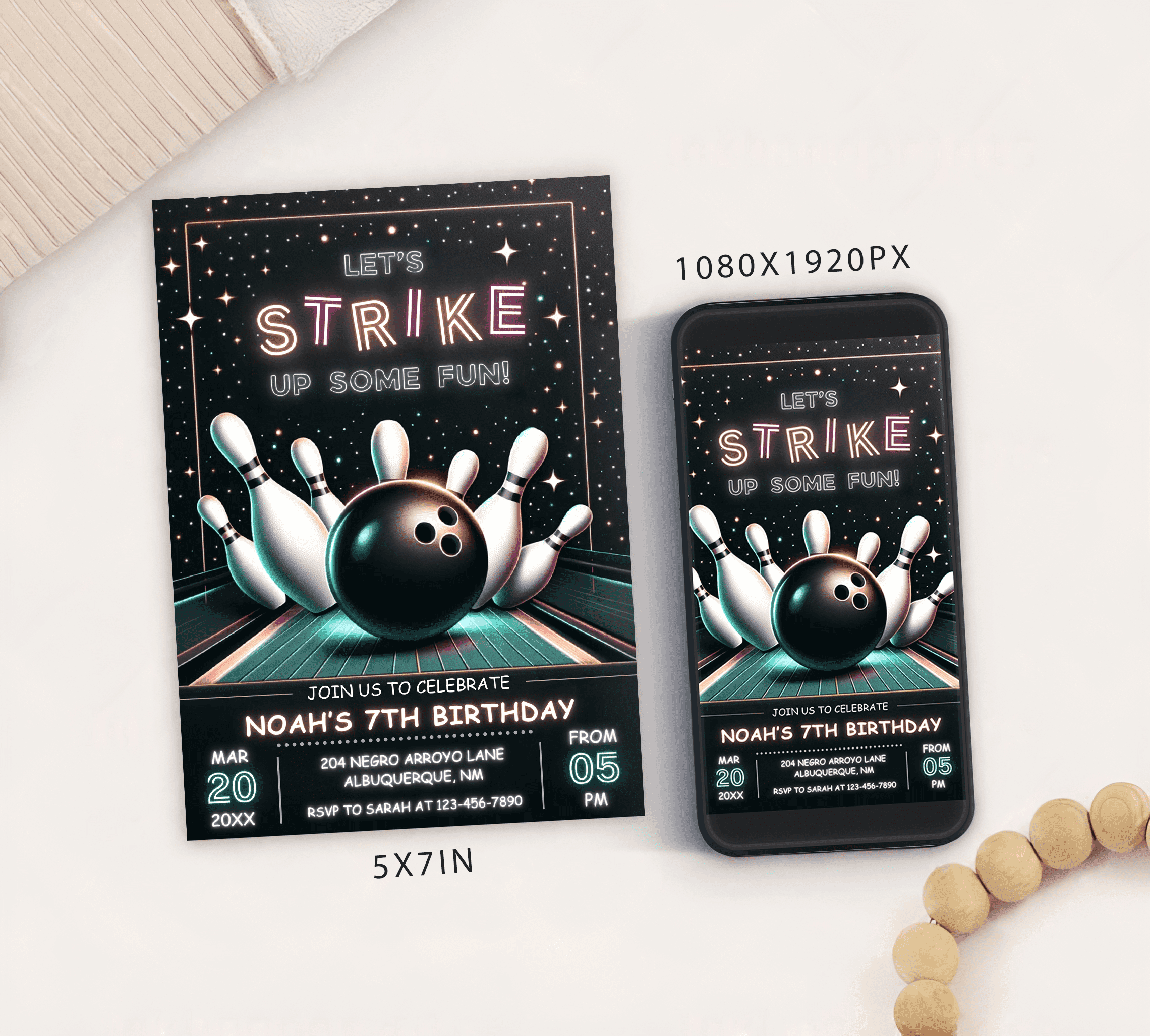 Editable Bowling Themed Birthday Party Invitation Card Template, Digital Bowling Birthday Invite, Electronic Sports Birthday Mobile Evite
