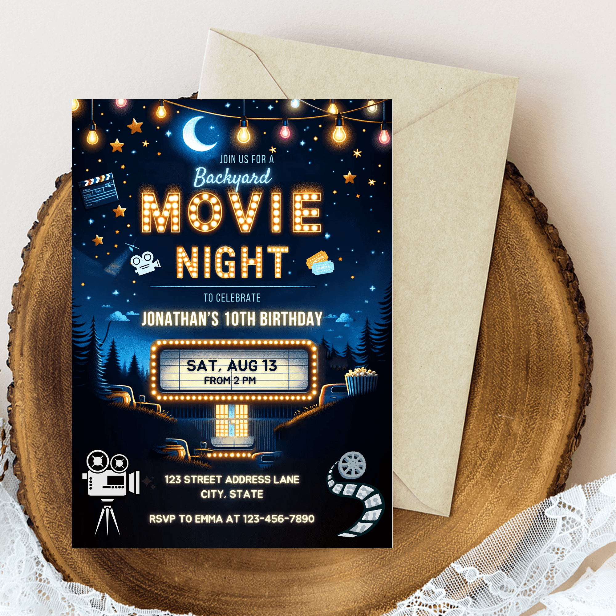 Editable Backyard Movie Night Birthday Party Invitation Card Template, Digital Cinema Birthday Party Invite, Electronic Movie Party Evite