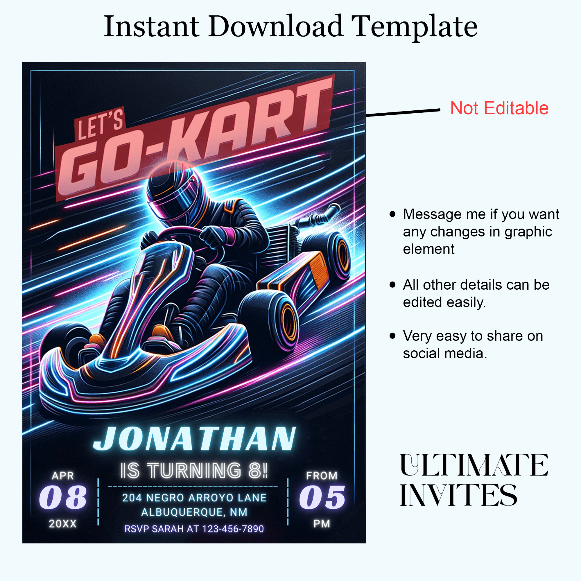 Editable Go Kart Birthday Party Invitation Card Template, Digital Go Kart Party Invite, Electronic Go Kart Racing Mobile Evite