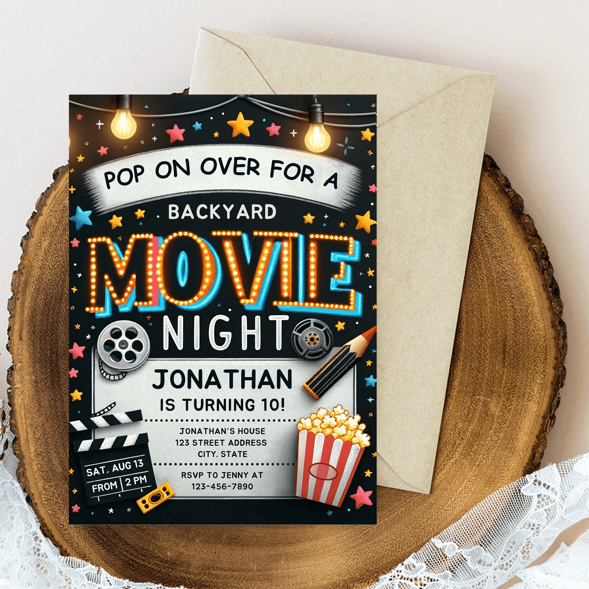 Editable Backyard Movie Night Birthday Party Invitation Card Template, Digital Cinema Birthday Party Invite, Electronic Movie Party Evite