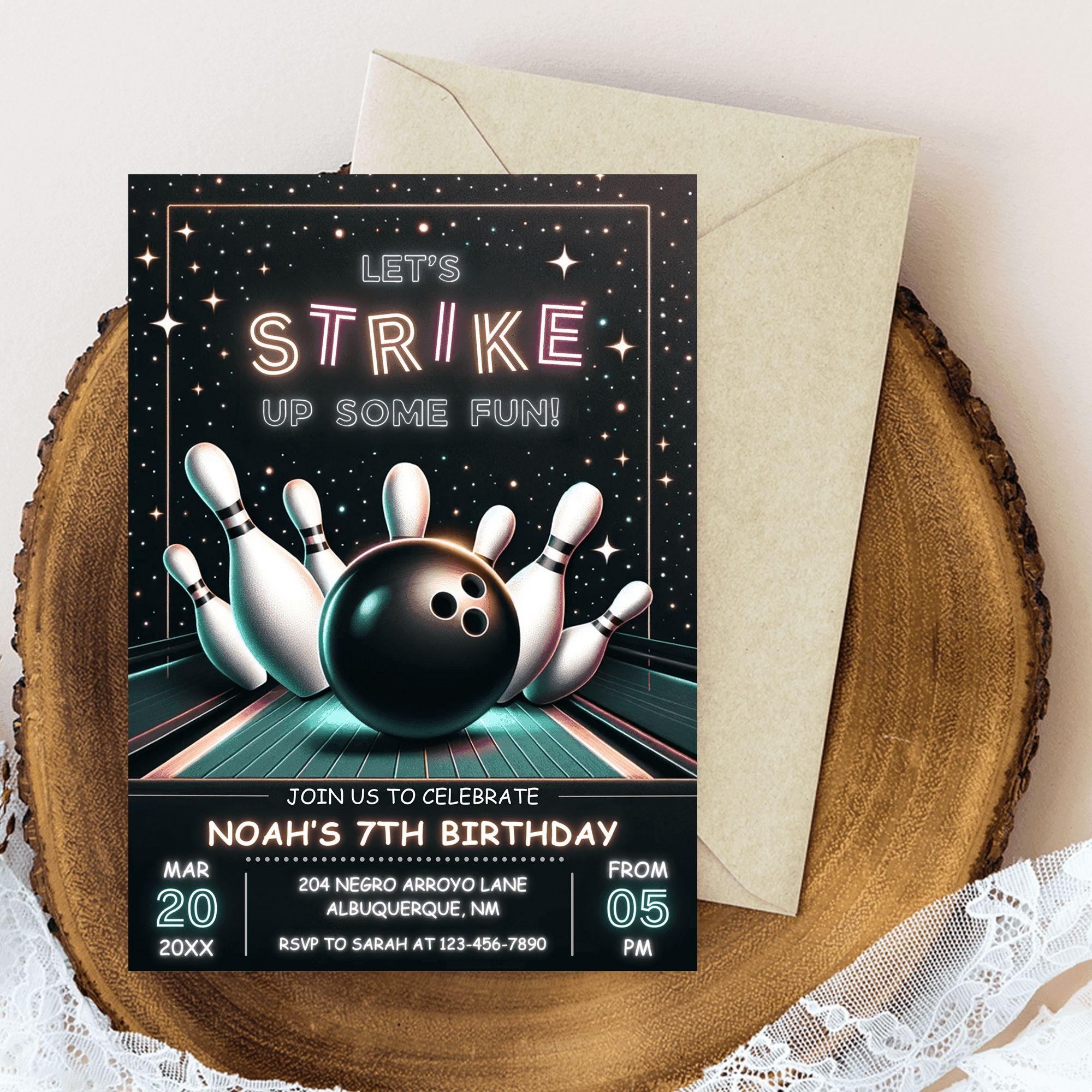 Editable Bowling Themed Birthday Party Invitation Card Template, Digital Bowling Birthday Invite, Electronic Sports Birthday Mobile Evite