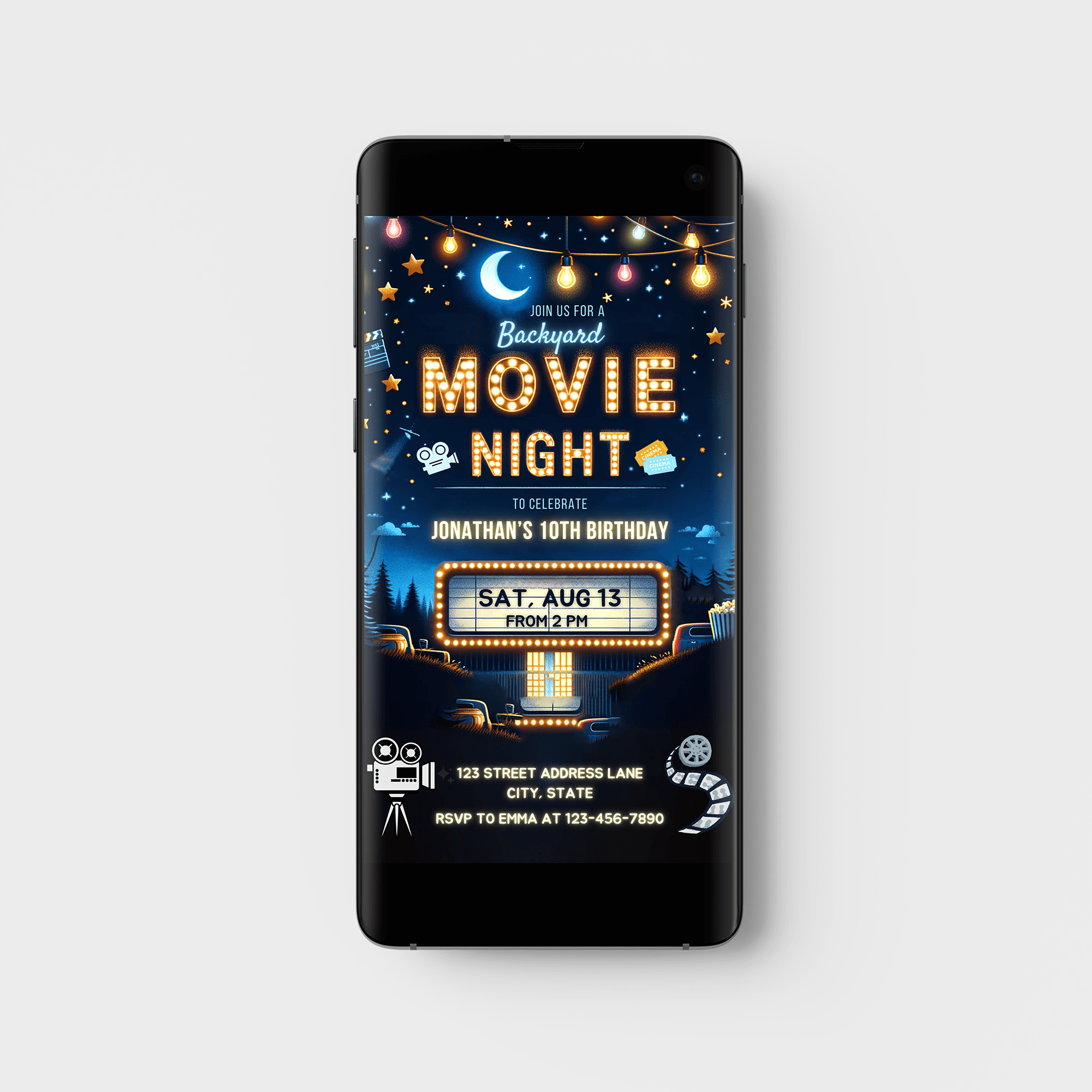 Editable Backyard Movie Night Birthday Party Invitation Card Template, Digital Cinema Birthday Party Invite, Electronic Movie Party Evite