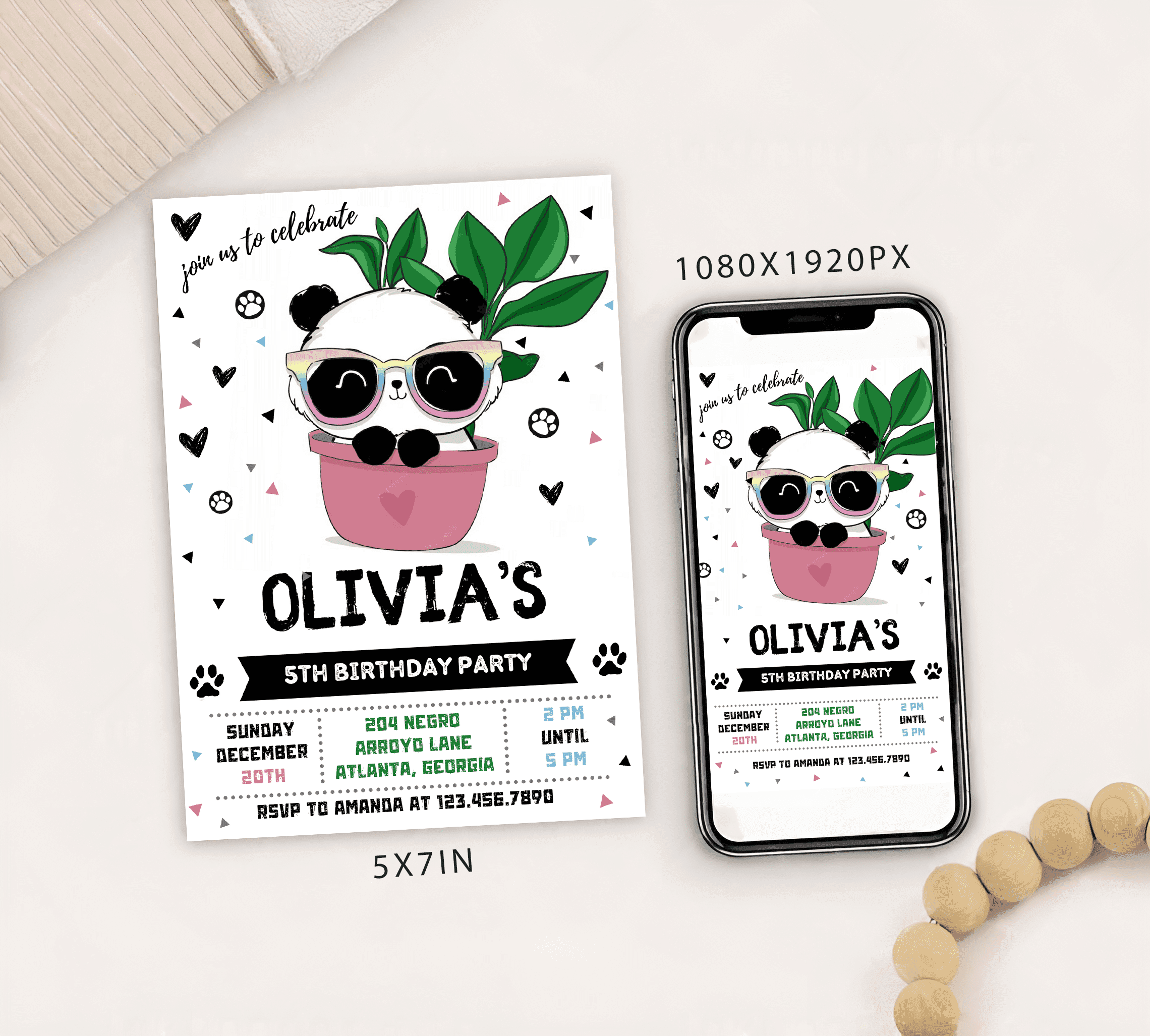 Cute Panda Birthday Party Invitation Card, Digital Printable panda birthday invite, Panda mobile e-invite, Kids panda party invite card
