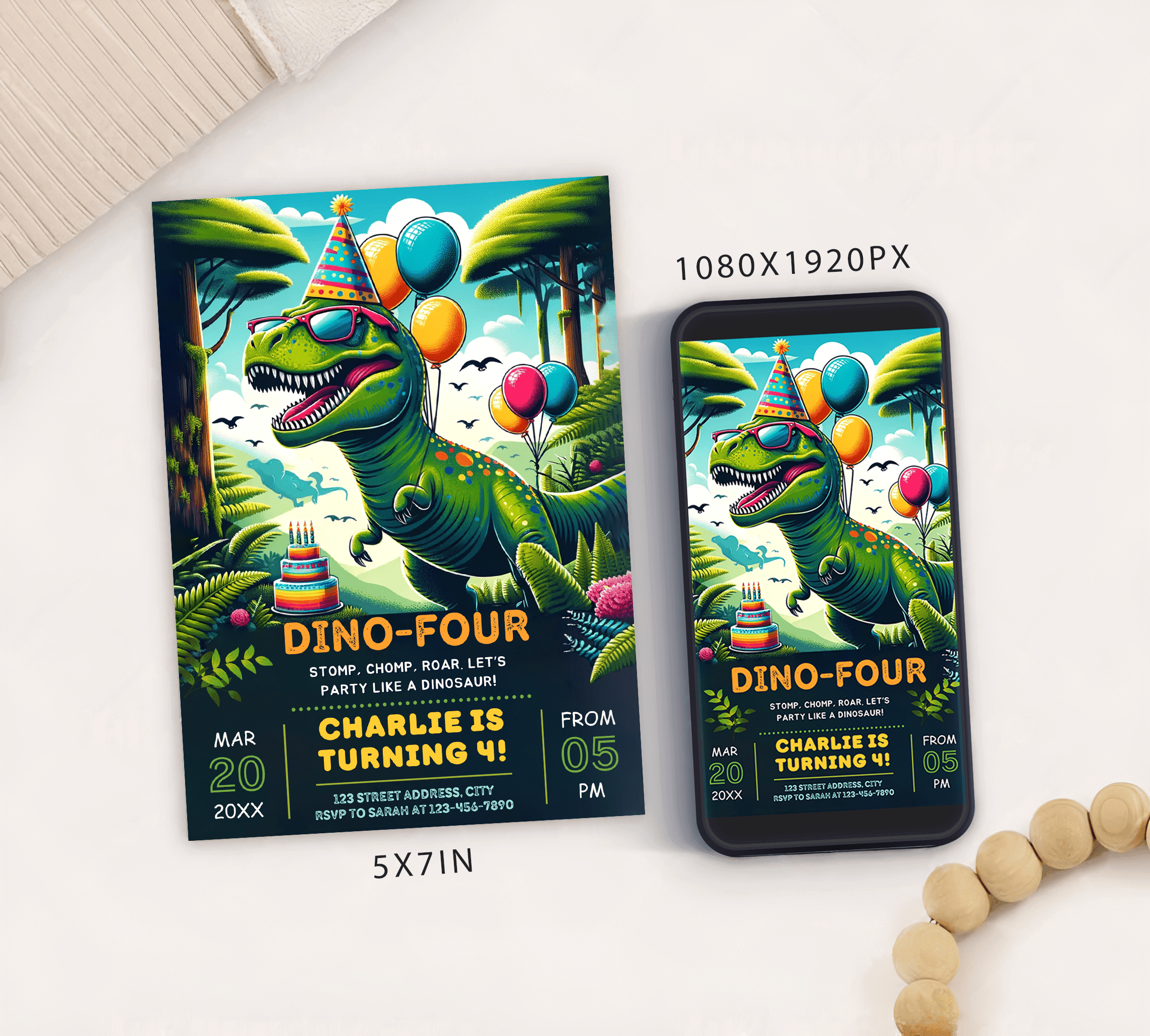 Editable Dino Four Fourth Birthday Party Invitation Card, Digital Dinosaur Birthday Invite, Electronic Boy 4th Birthday Mobile Evite