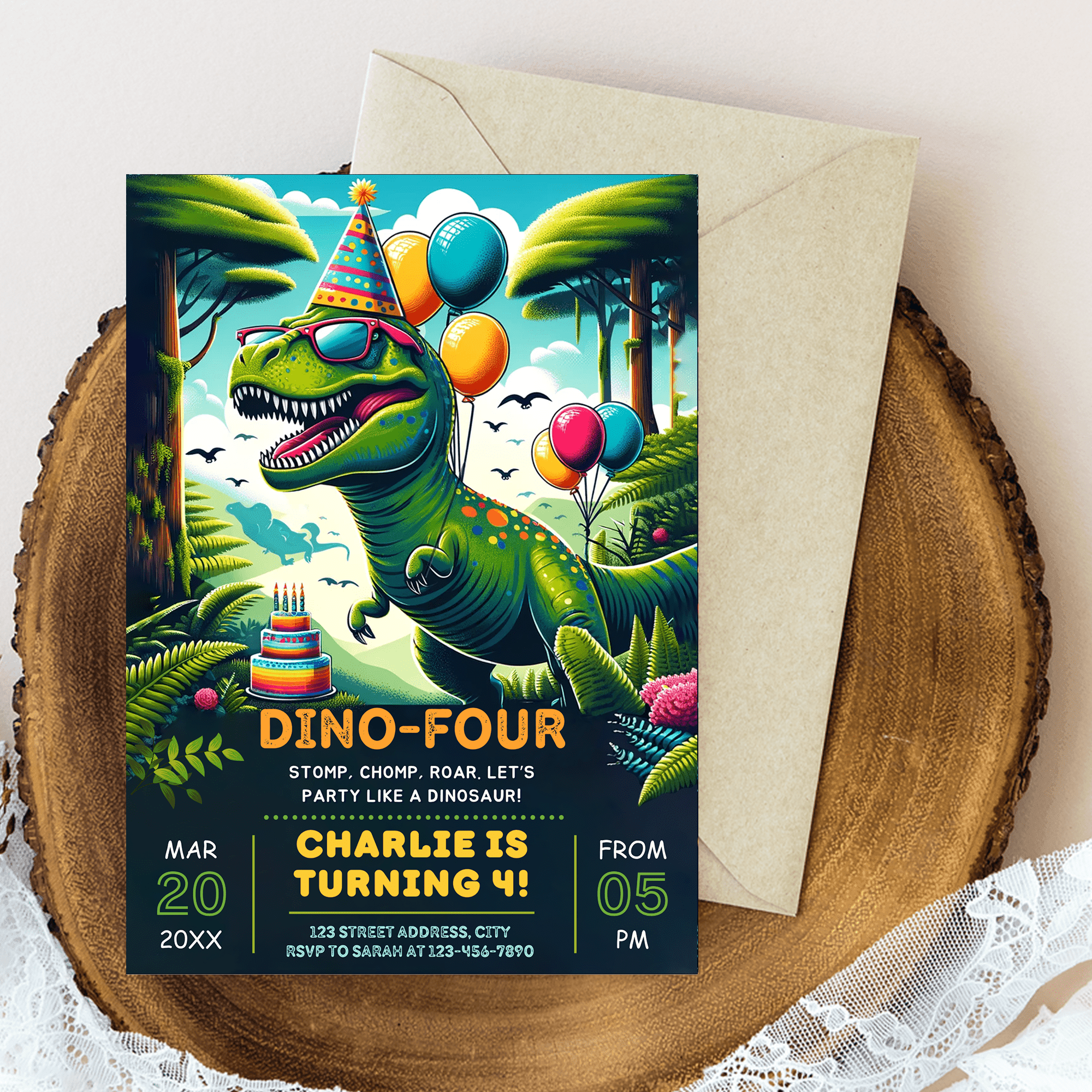 Editable Dino Four Fourth Birthday Party Invitation Card, Digital Dinosaur Birthday Invite, Electronic Boy 4th Birthday Mobile Evite