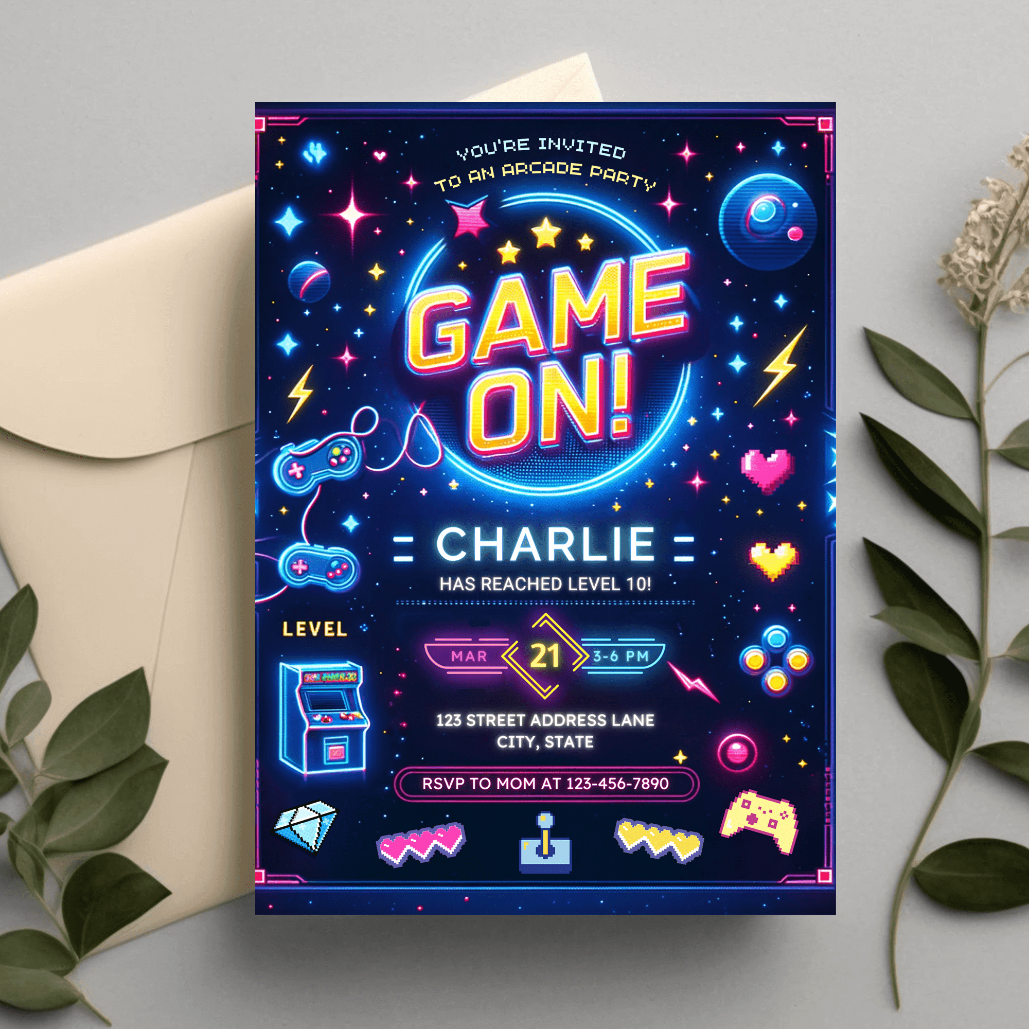 Editable Arcade Party Birthday Invitation Card Printable Template, Arcade Birthday Party Digital Template Mobile, Neon arcade party card