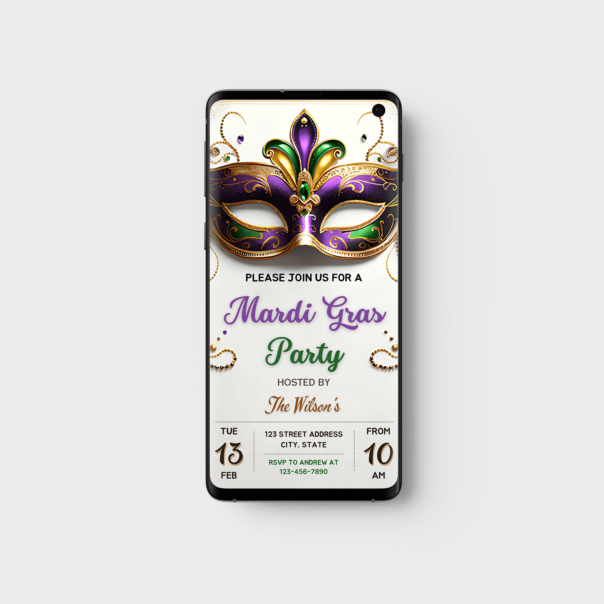 Mardi Gras Party Invitation Card & Mobile Evite, Fat Tuesday Digital Mardi Gras Editable Instant Download Invite, Mardi Gras Parade Invite
