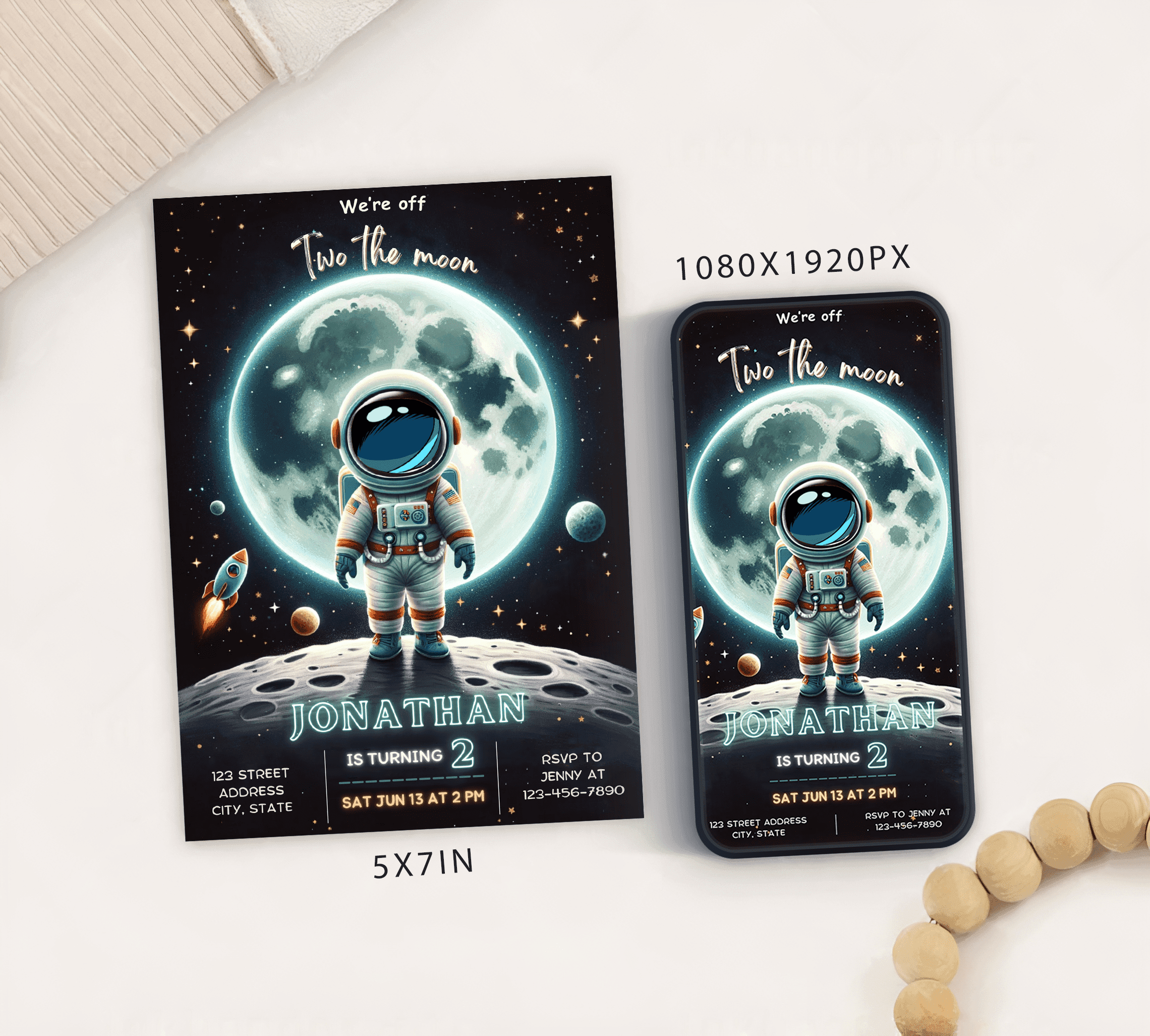 Editable Two the Moon Birthday Party Invitation Card Template, Boy second birthday invite, Outer Space 2nd birthday invitation, 2 year old