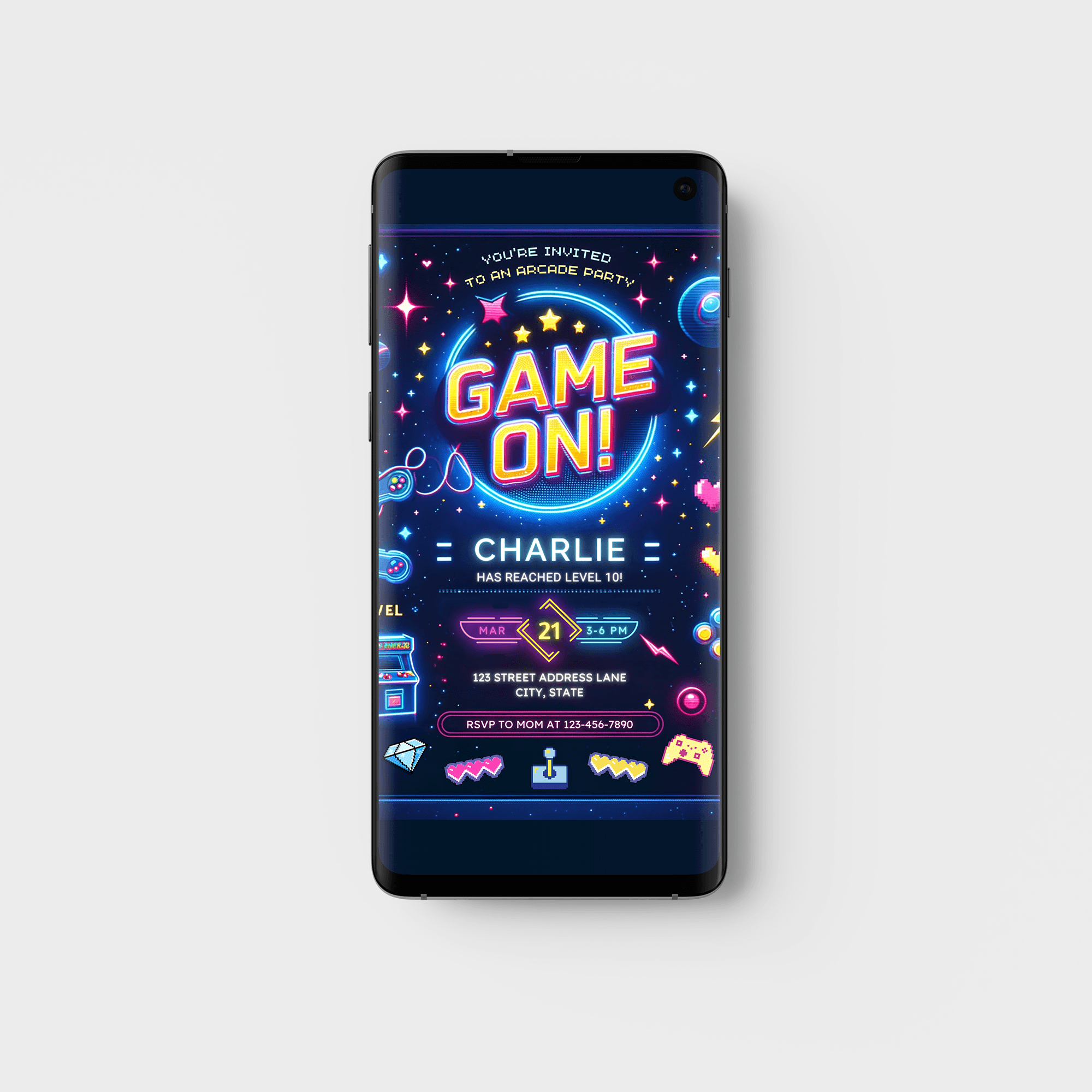 Editable Arcade Party Birthday Invitation Card Printable Template, Arcade Birthday Party Digital Template Mobile, Neon arcade party card