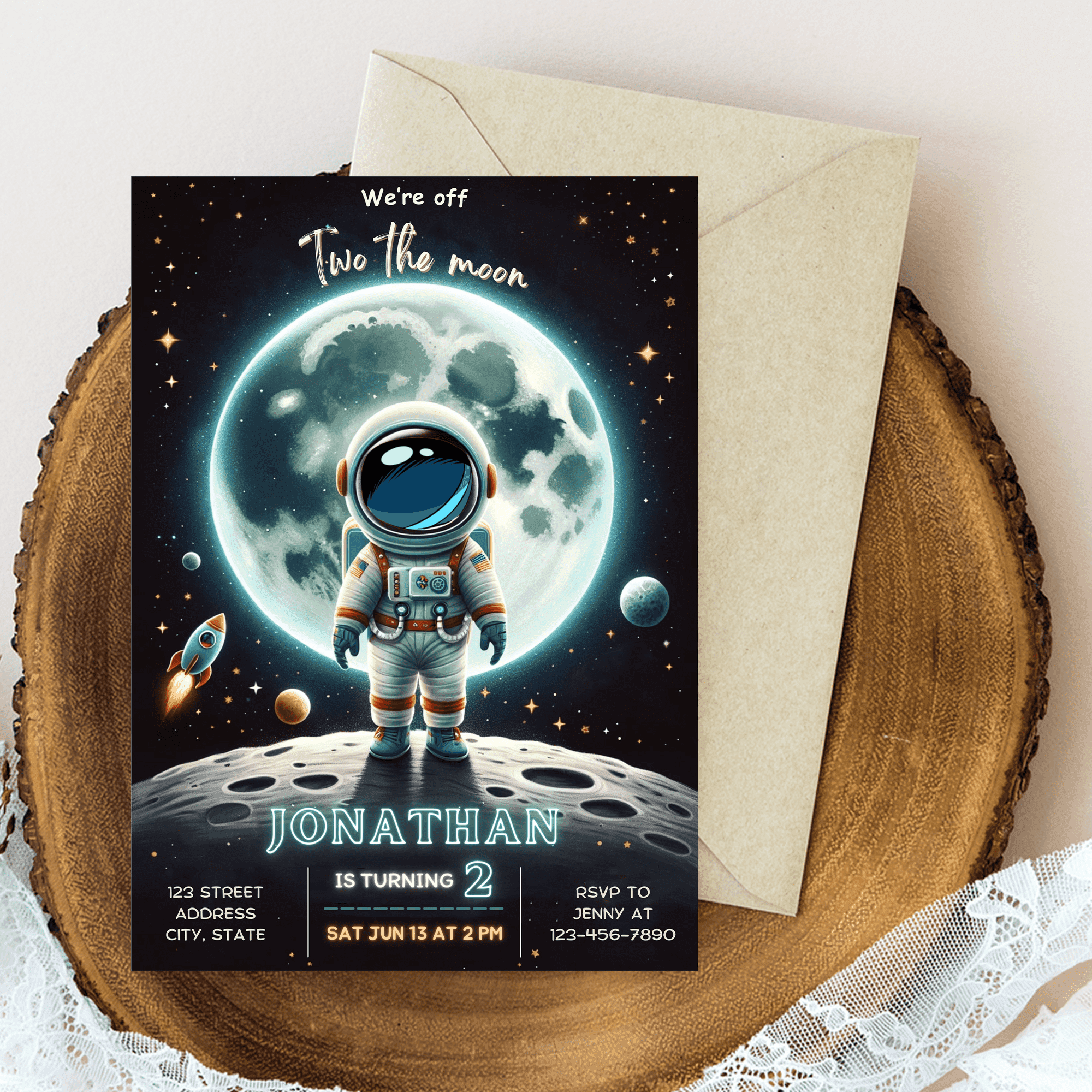 Editable Two the Moon Birthday Party Invitation Card Template, Boy second birthday invite, Outer Space 2nd birthday invitation, 2 year old