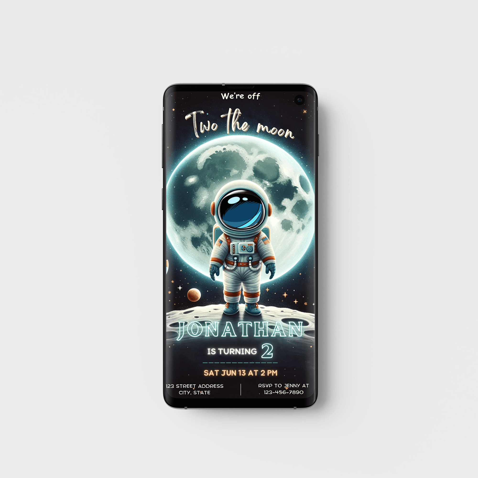 Editable Two the Moon Birthday Party Invitation Card Template, Boy second birthday invite, Outer Space 2nd birthday invitation, 2 year old