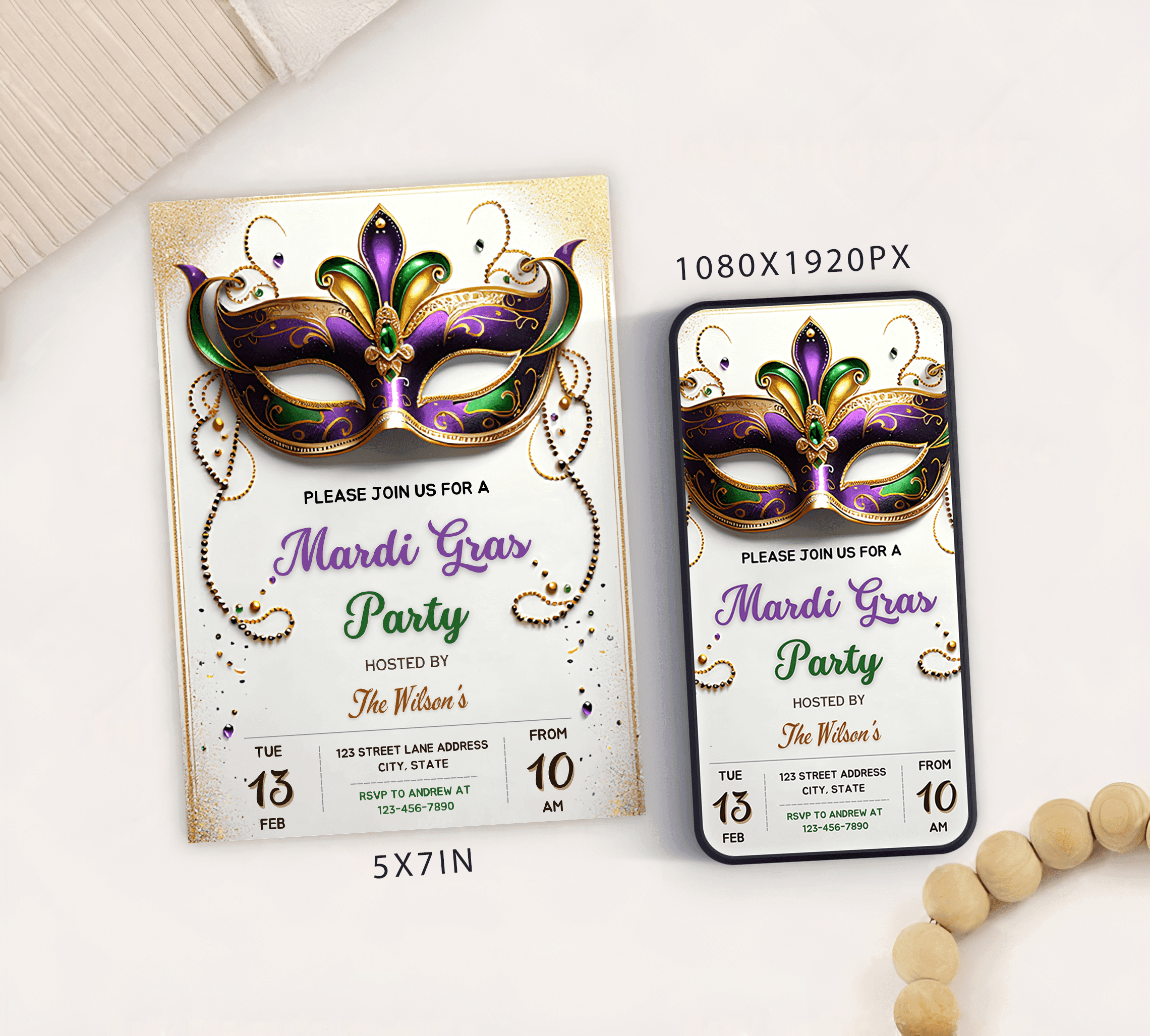 Mardi Gras Party Invitation Card & Mobile Evite, Fat Tuesday Digital Mardi Gras Editable Instant Download Invite, Mardi Gras Parade Invite