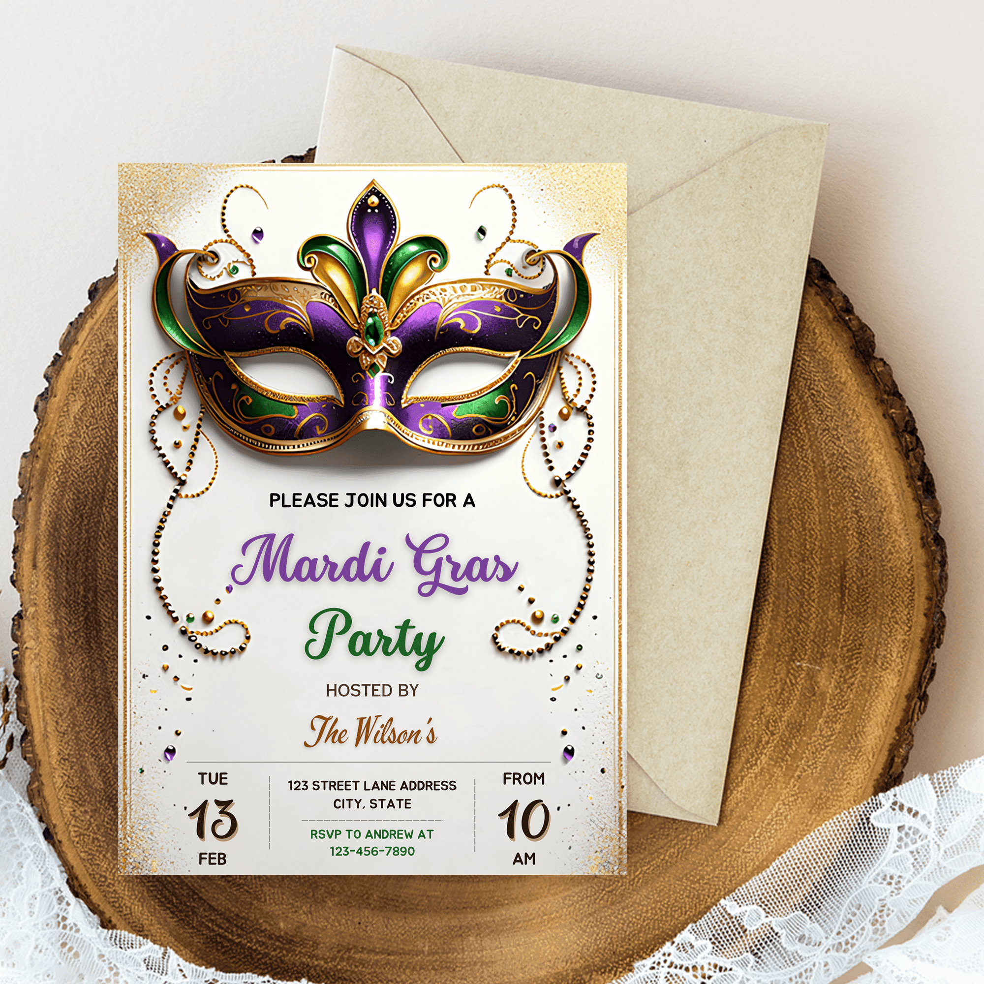 Mardi Gras Party Invitation Card & Mobile Evite, Fat Tuesday Digital Mardi Gras Editable Instant Download Invite, Mardi Gras Parade Invite