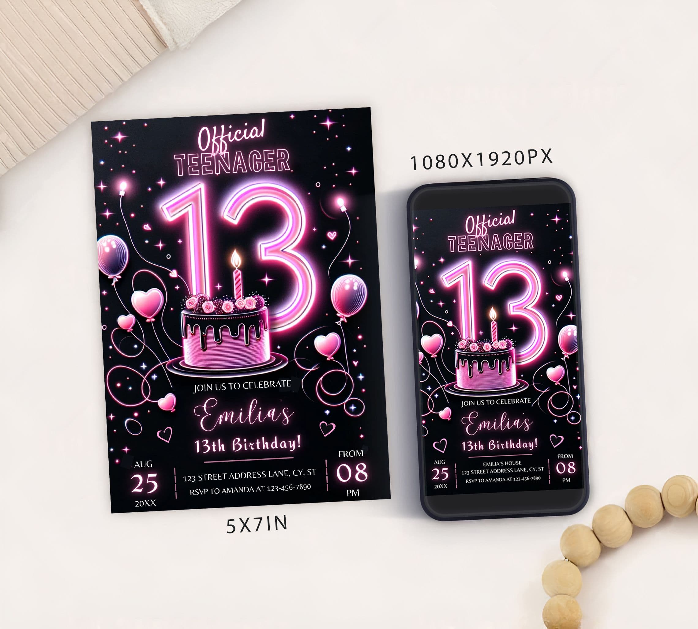 Editable Girl 13th Birthday Party Invitation Template, Digital 13th Birthday Party Invitations, Electronic Official Teenager Girl Mobile