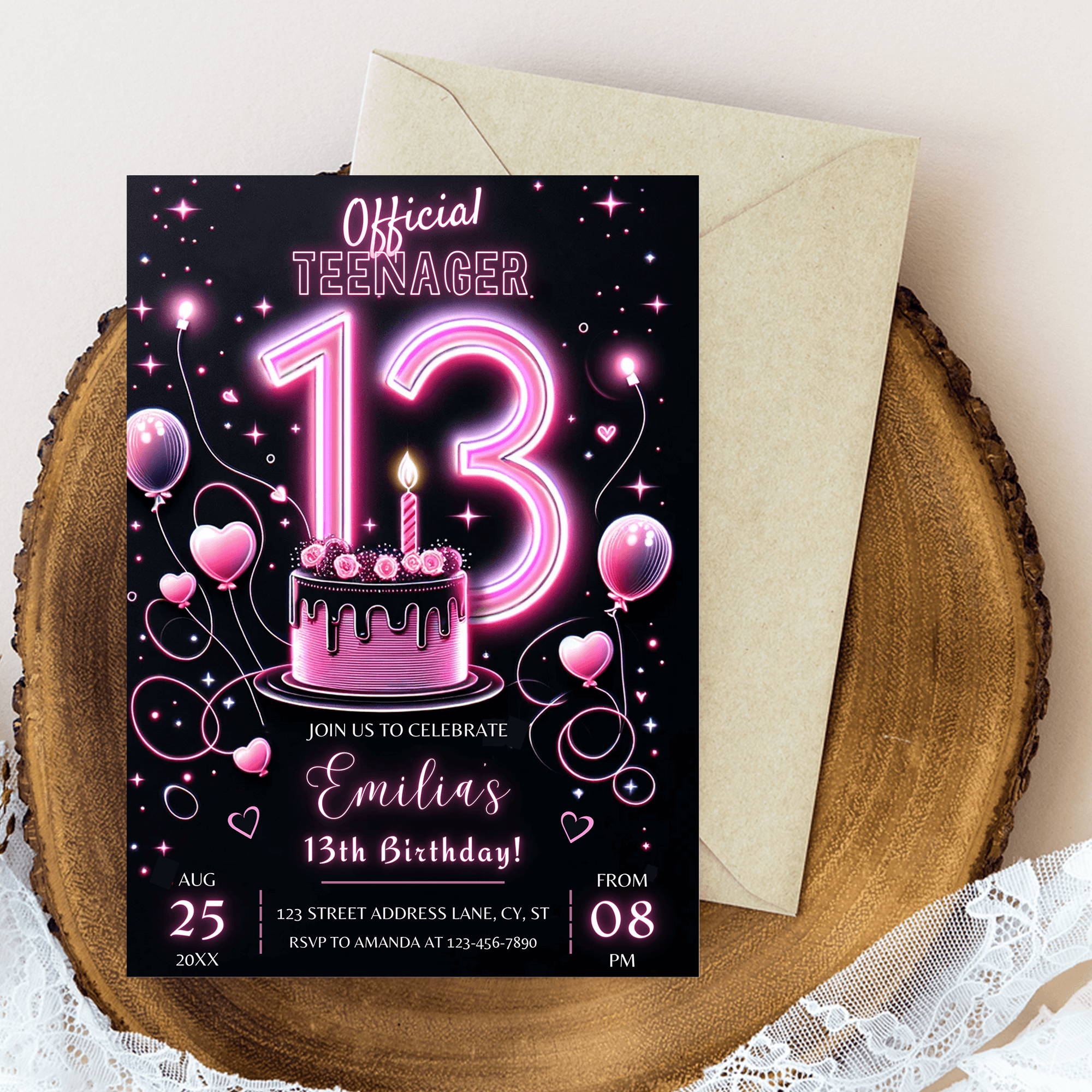 Editable Girl 13th Birthday Party Invitation Template, Digital 13th Birthday Party Invitations, Electronic Official Teenager Girl Mobile