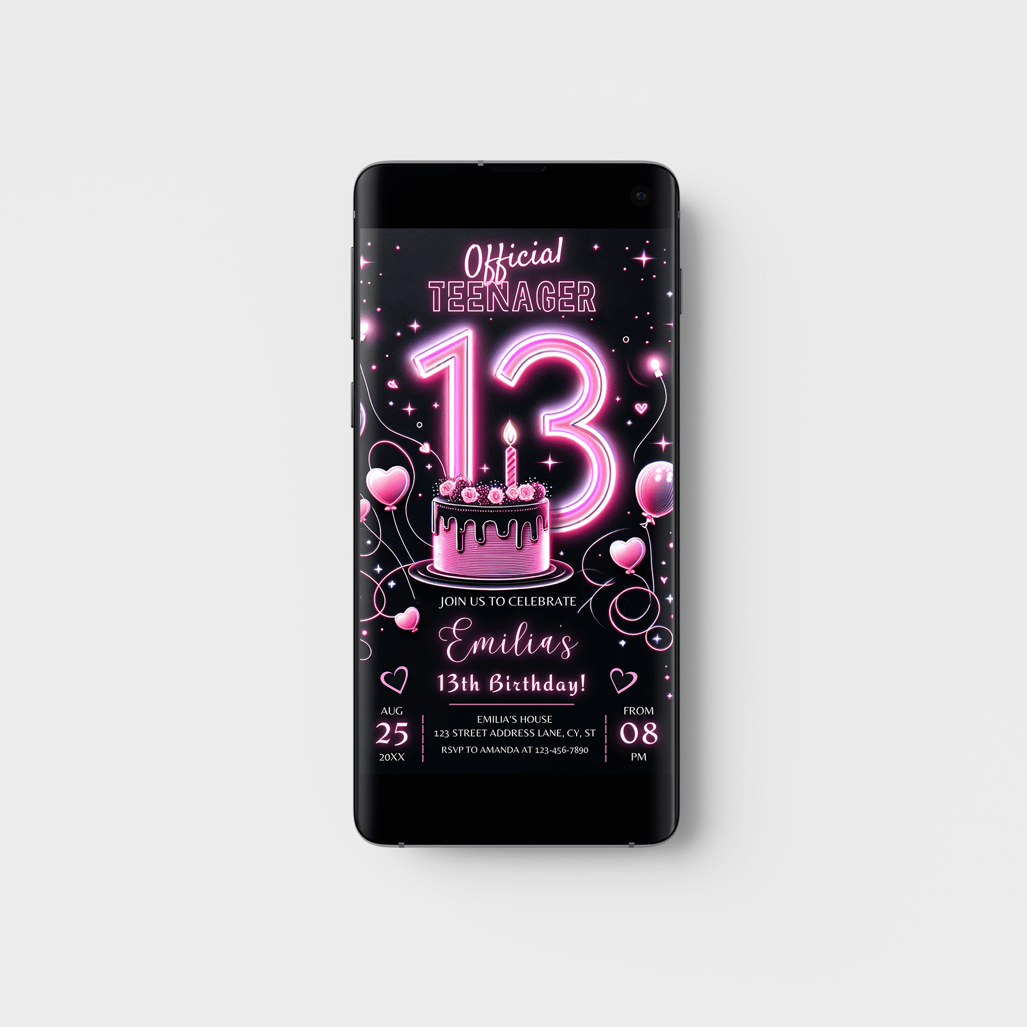Editable Girl 13th Birthday Party Invitation Template, Digital 13th Birthday Party Invitations, Electronic Official Teenager Girl Mobile