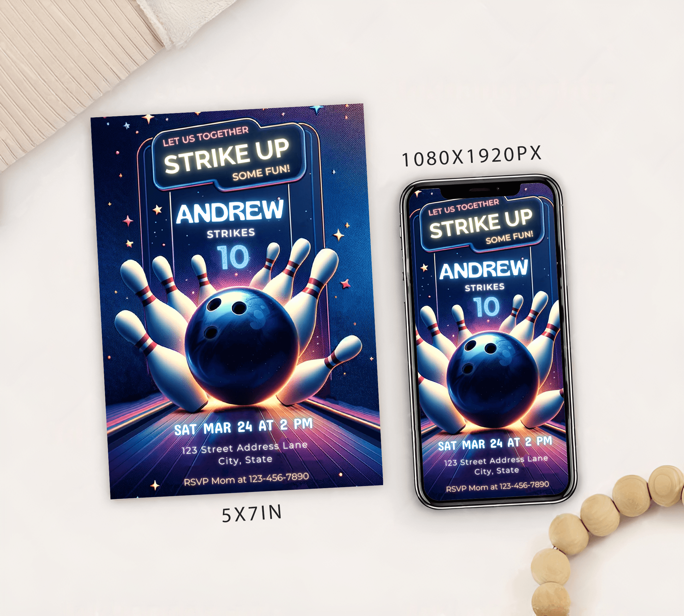Editable Bowling Themed Birthday Party Invitation Card Template, Digital Bowling Birthday Invite, Electronic Sports Birthday Mobile Evite