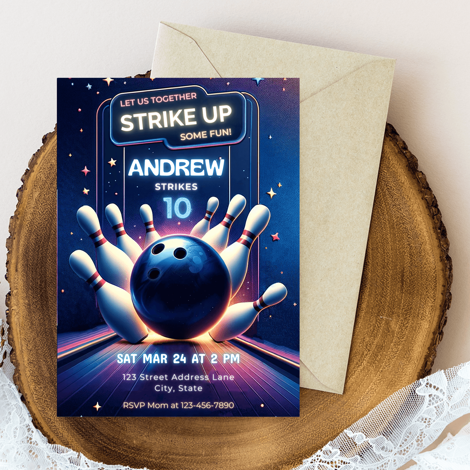 Editable Bowling Themed Birthday Party Invitation Card Template, Digital Bowling Birthday Invite, Electronic Sports Birthday Mobile Evite