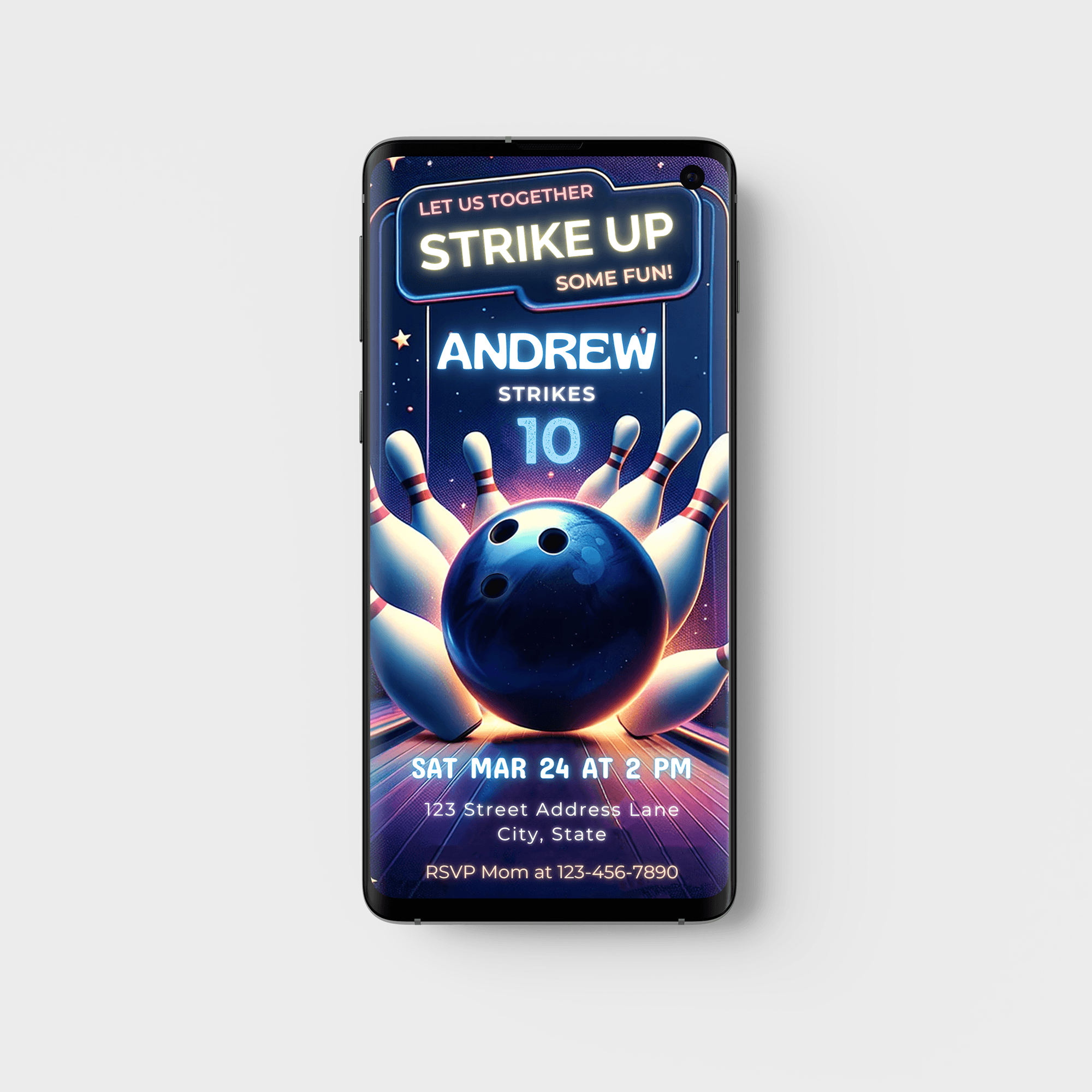 Editable Bowling Themed Birthday Party Invitation Card Template, Digital Bowling Birthday Invite, Electronic Sports Birthday Mobile Evite