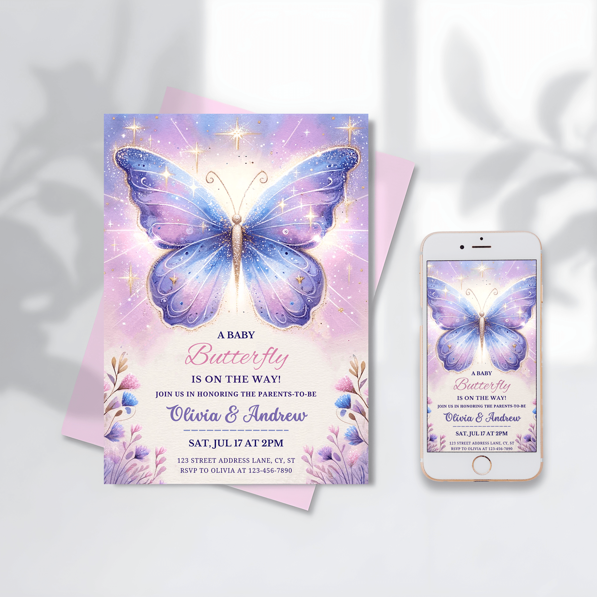 Butterfly baby shower invitation for girl, digital template, Electronic Watercolor baby butterfly digital baby shower mobile evite, kisses
