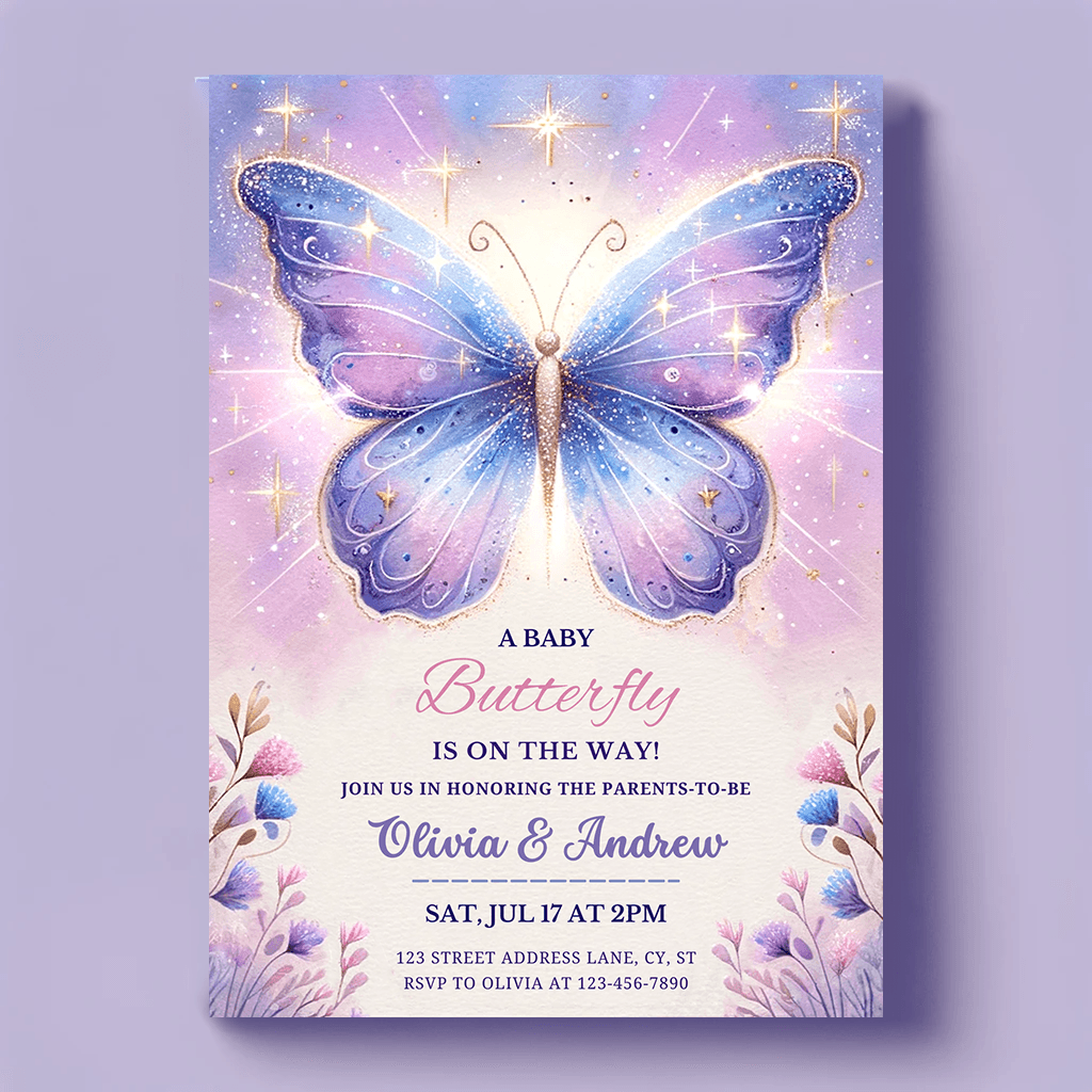 Butterfly baby shower invitation for girl, digital template, Electronic Watercolor baby butterfly digital baby shower mobile evite, kisses