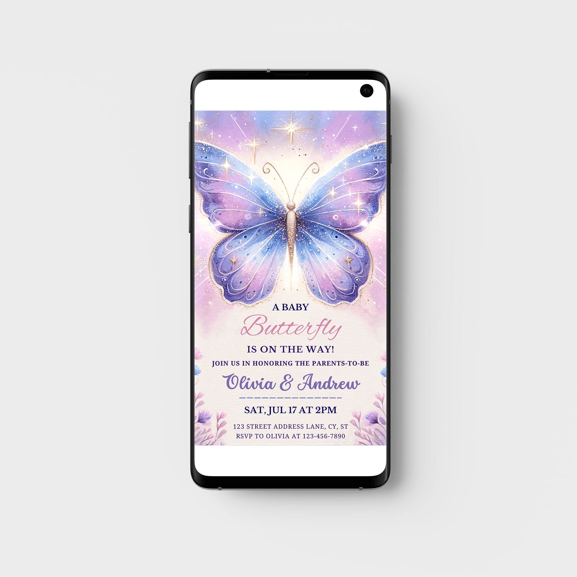 Butterfly baby shower invitation for girl, digital template, Electronic Watercolor baby butterfly digital baby shower mobile evite, kisses
