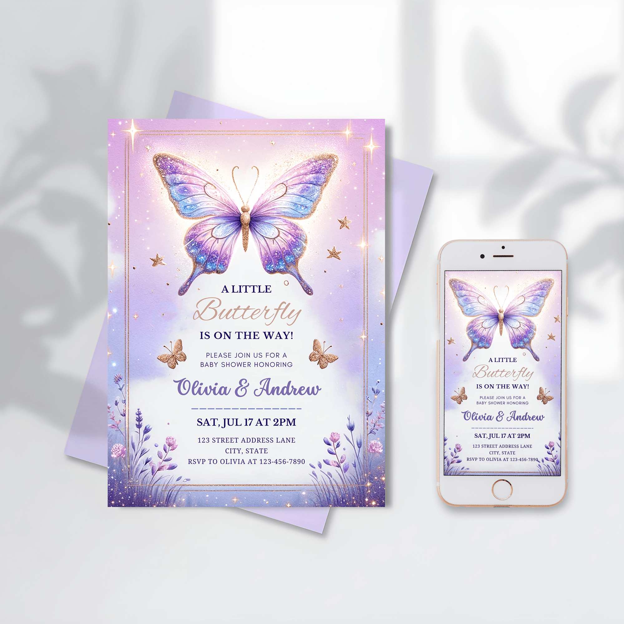 Butterfly baby shower invitation for girl, digital template, Electronic Watercolor baby butterfly digital baby shower mobile evite, kisses