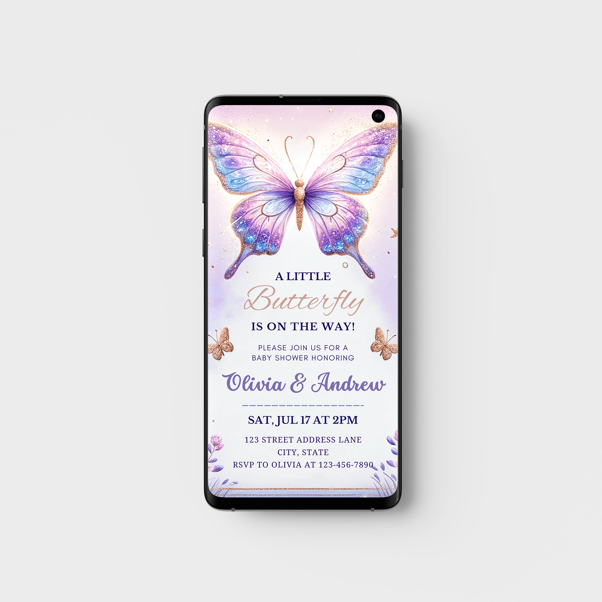 Butterfly baby shower invitation for girl, digital template, Electronic Watercolor baby butterfly digital baby shower mobile evite, kisses