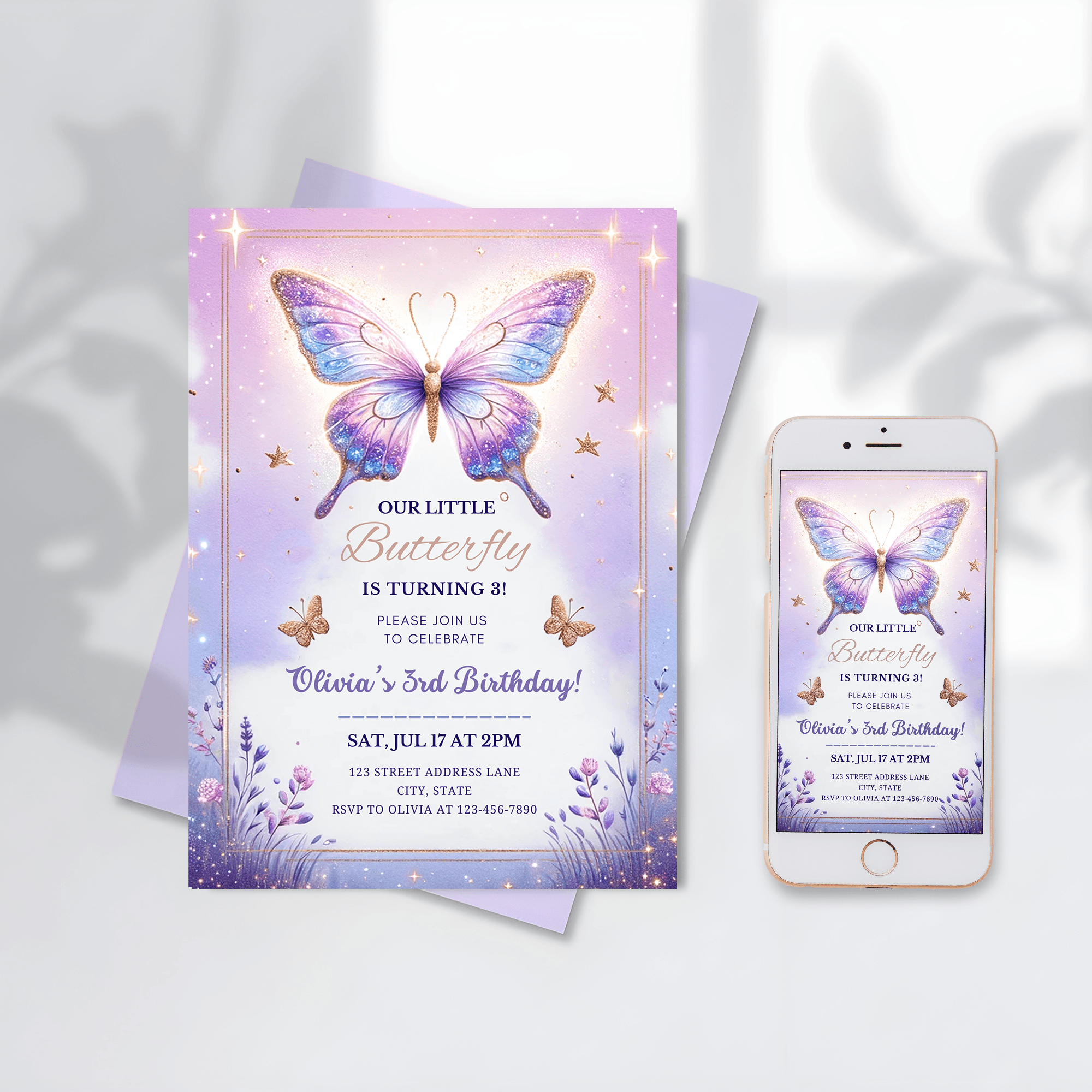 Butterfly birthday party invitation for girl, digital template, Electronic Watercolor baby butterfly digital birthday mobile evite, kisses