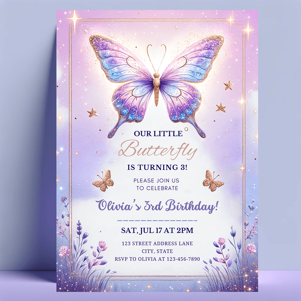 Butterfly birthday party invitation for girl, digital template, Electronic Watercolor baby butterfly digital birthday mobile evite, kisses