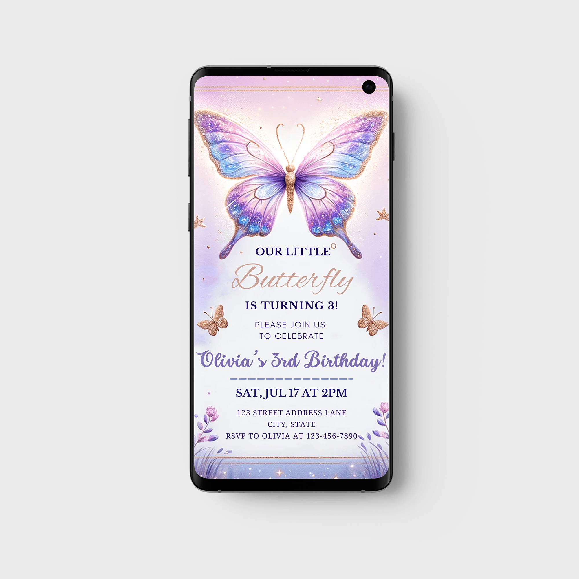 Butterfly birthday party invitation for girl, digital template, Electronic Watercolor baby butterfly digital birthday mobile evite, kisses