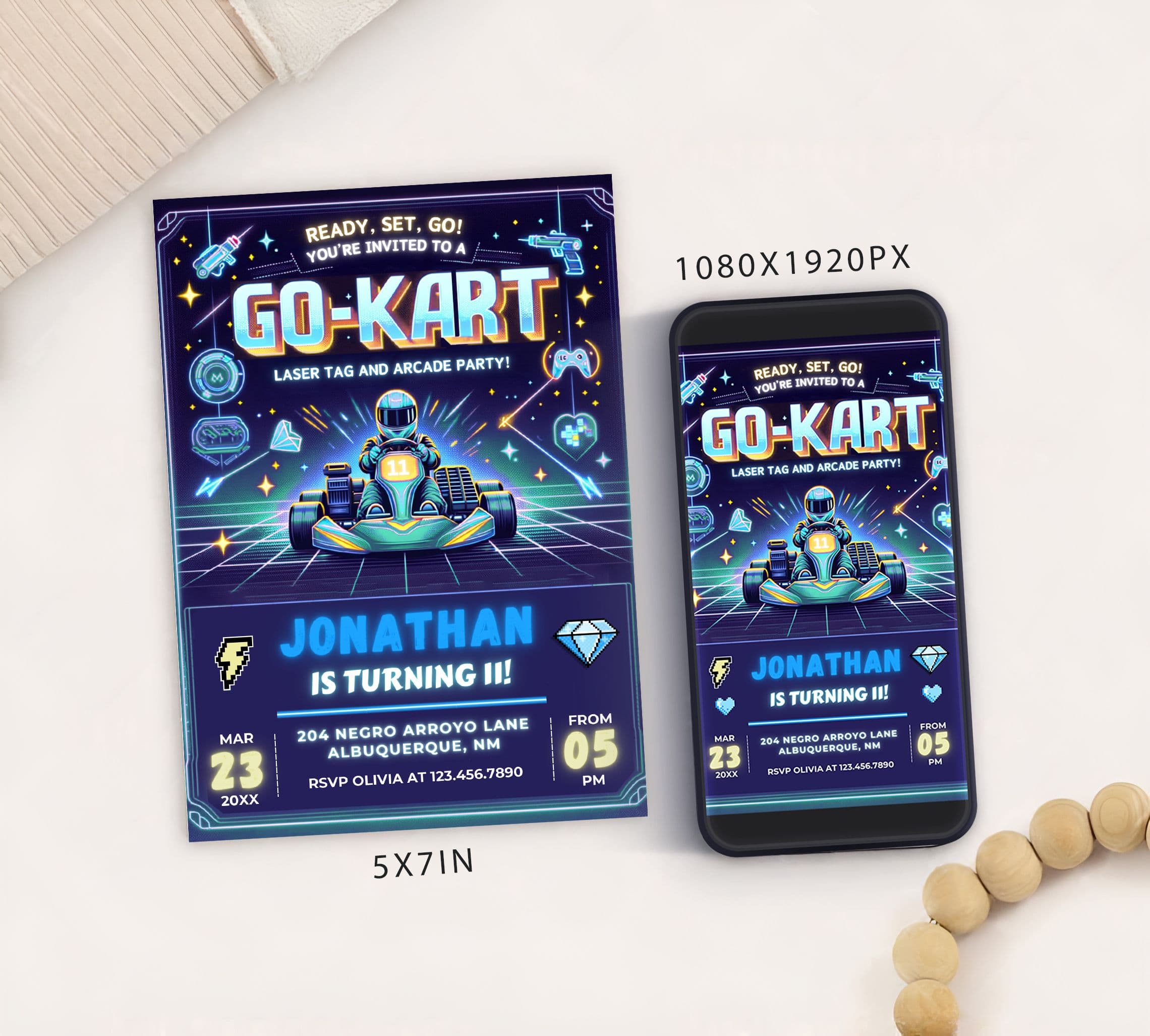 Editable Boys Go Kart, Laser Tag & Arcade Party Invitation Card Template, Digital Birthday Party Invite, Electronic Mobile Evite