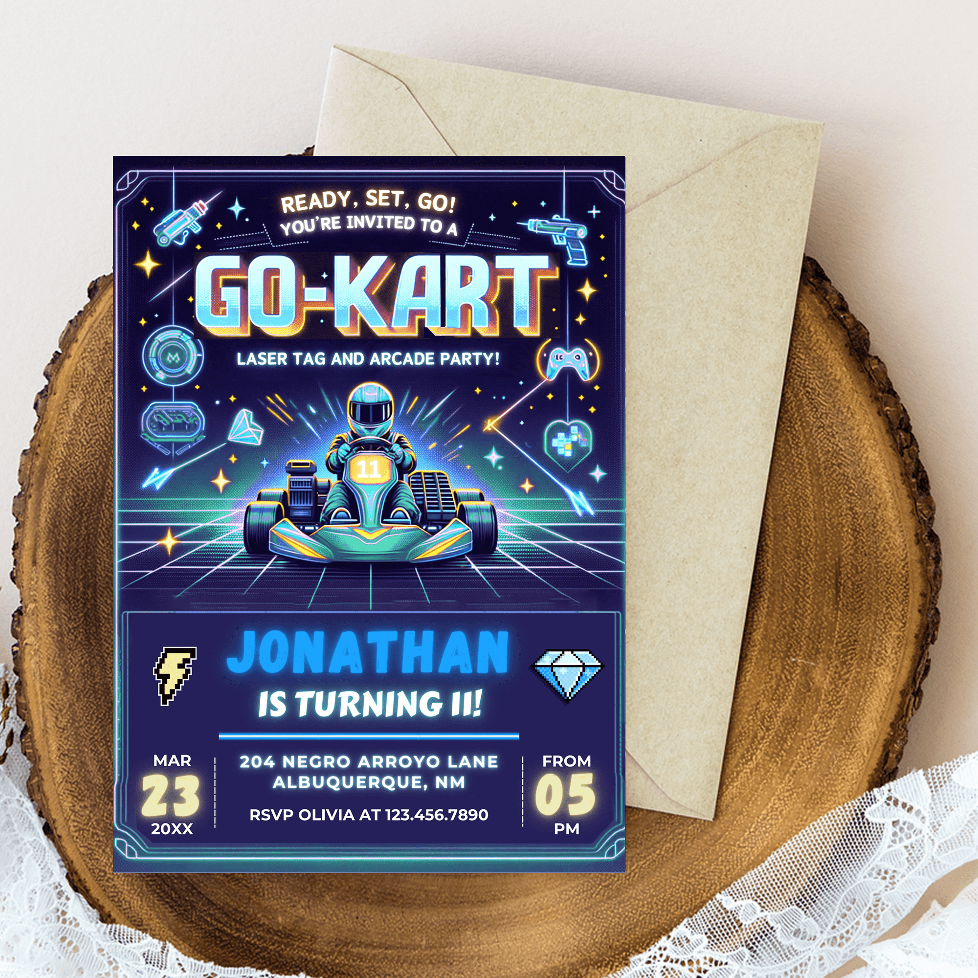 Editable Boys Go Kart, Laser Tag & Arcade Party Invitation Card Template, Digital Birthday Party Invite, Electronic Mobile Evite