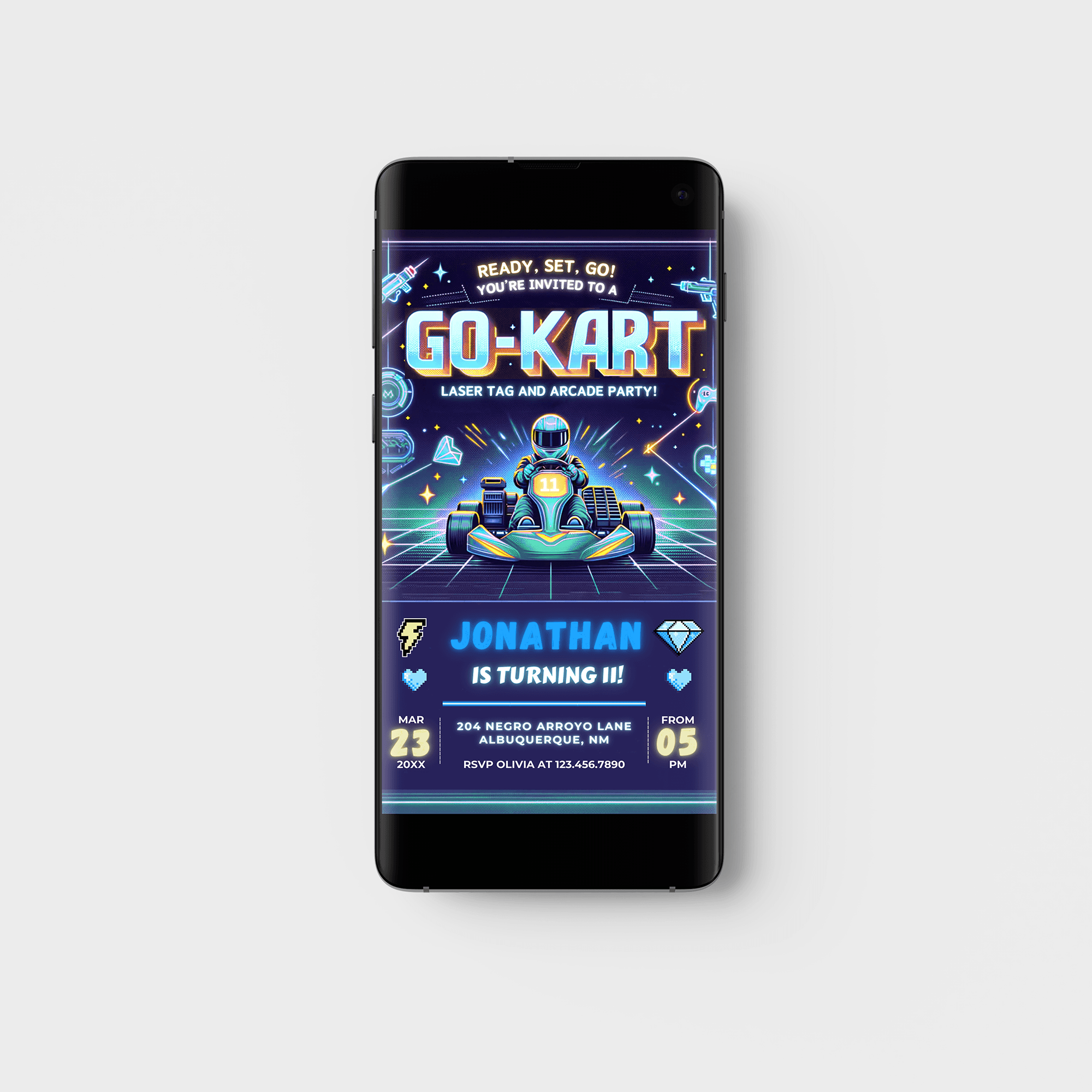 Editable Boys Go Kart, Laser Tag & Arcade Party Invitation Card Template, Digital Birthday Party Invite, Electronic Mobile Evite