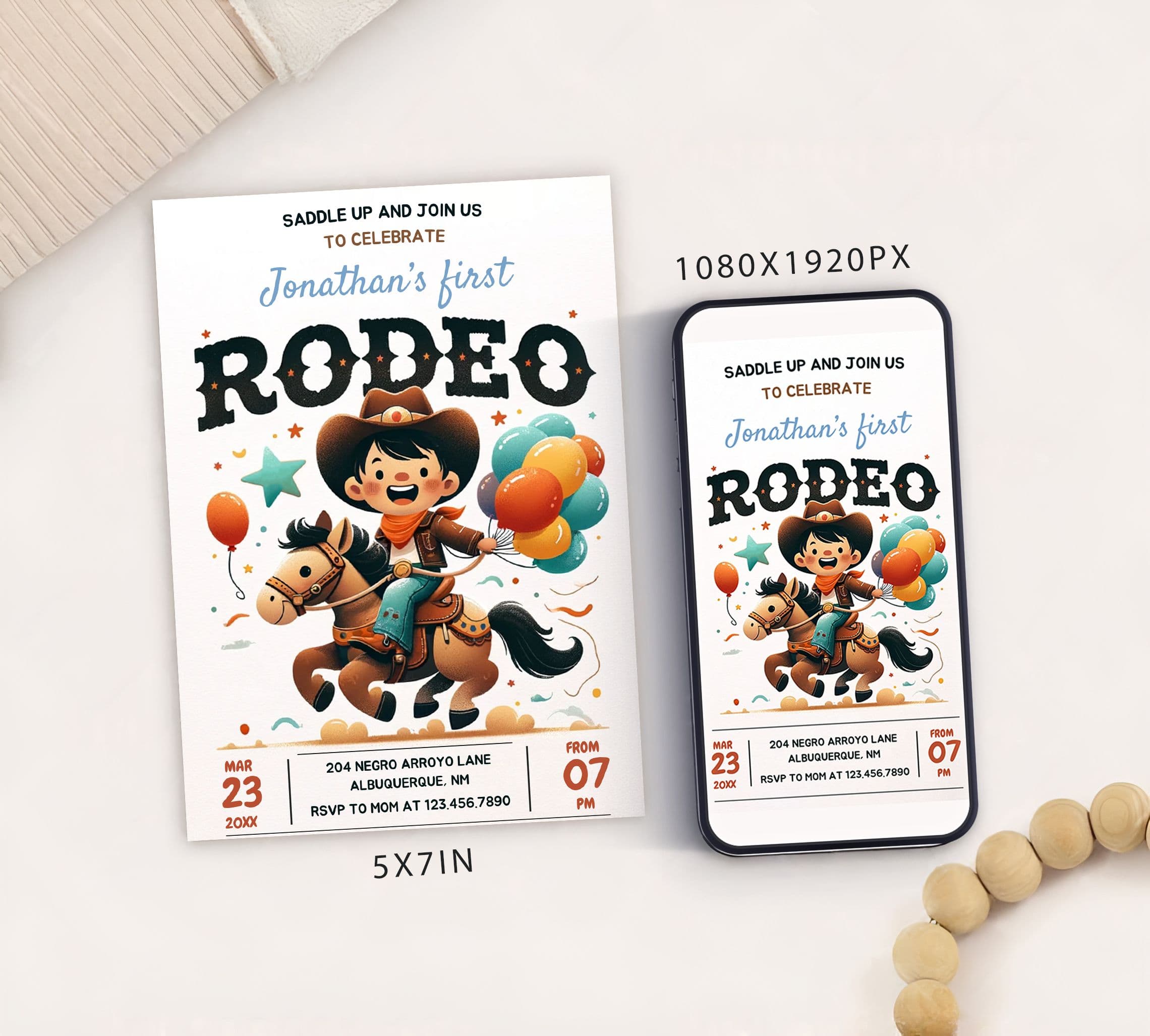 Editable First Rodeo Birthday Party Invitation Card Template, Digital Wild West Party Invite, Electronic 1st Rodeo Boy Cowboy Mobile Evite