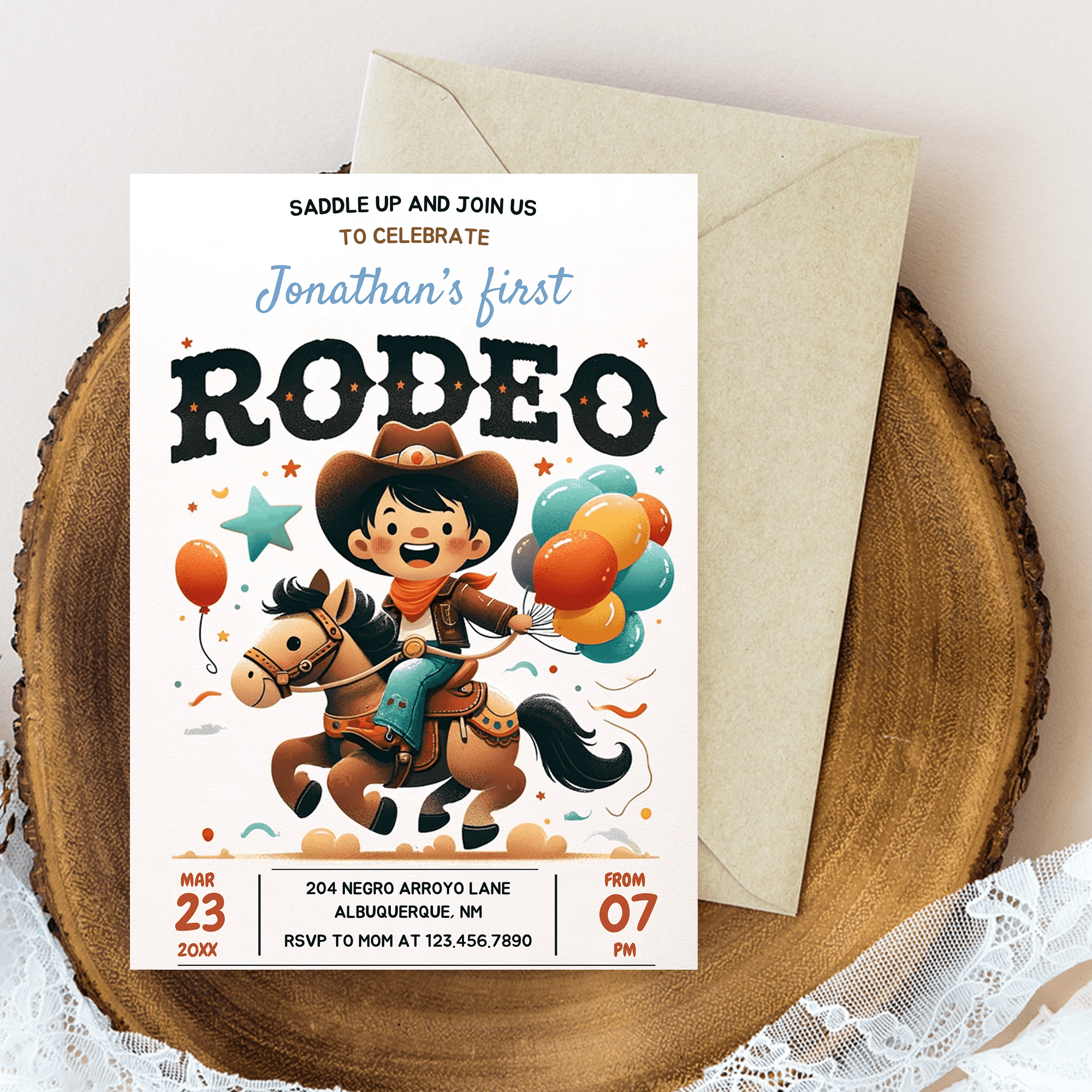 Editable First Rodeo Birthday Party Invitation Card Template, Digital Wild West Party Invite, Electronic 1st Rodeo Boy Cowboy Mobile Evite