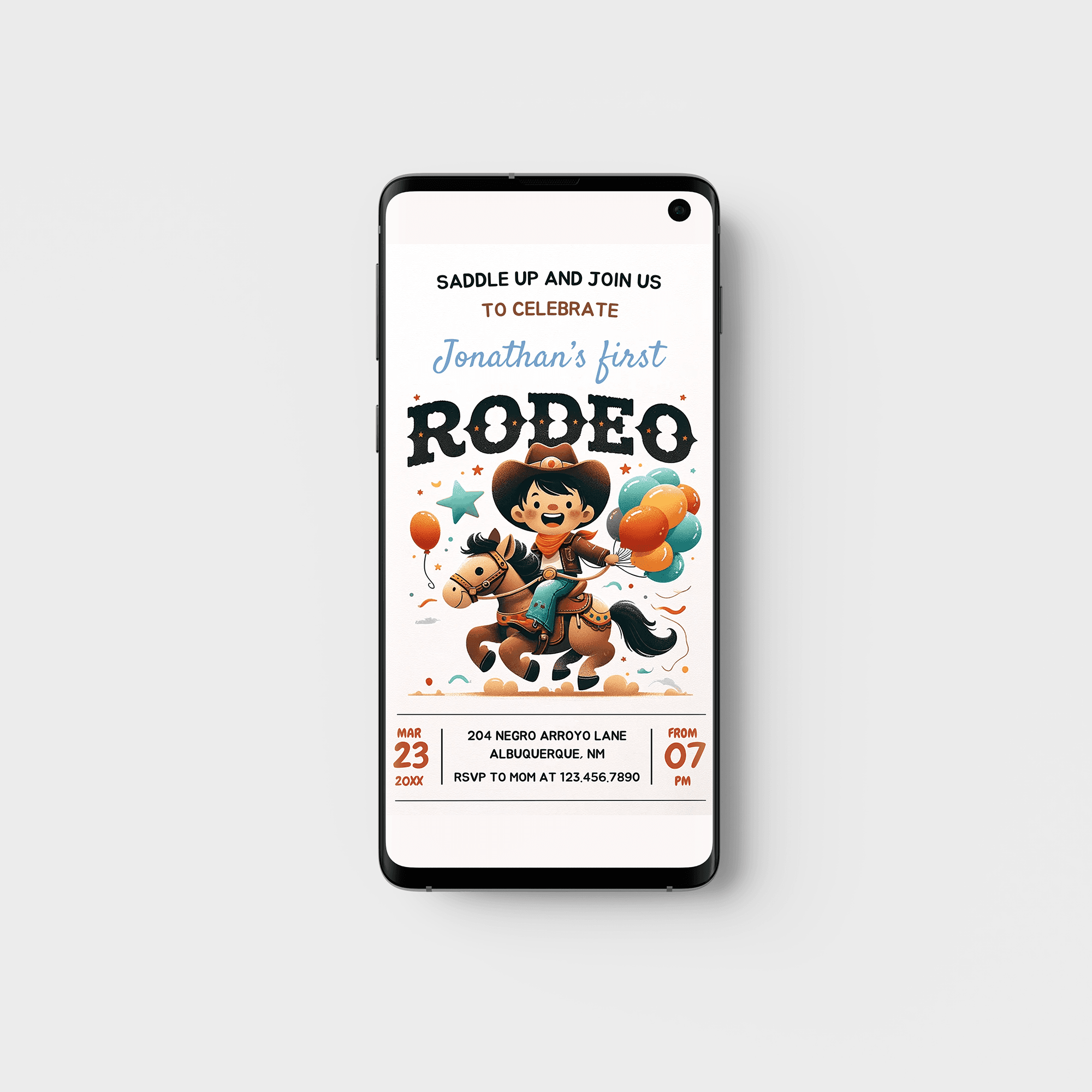 Editable First Rodeo Birthday Party Invitation Card Template, Digital Wild West Party Invite, Electronic 1st Rodeo Boy Cowboy Mobile Evite
