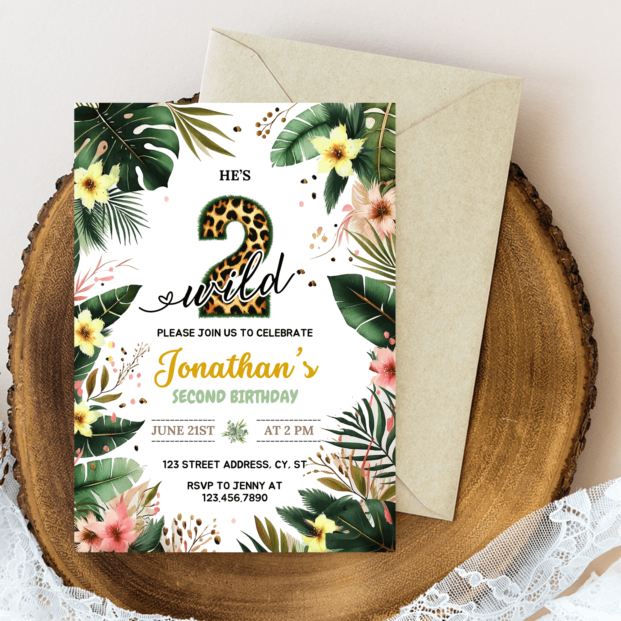 Editable Two Wild Boy Second Birthday Party Invitation Card Template, Digital Two Wild Birthday Invite, Boy 2nd Birthday Safari Mobile