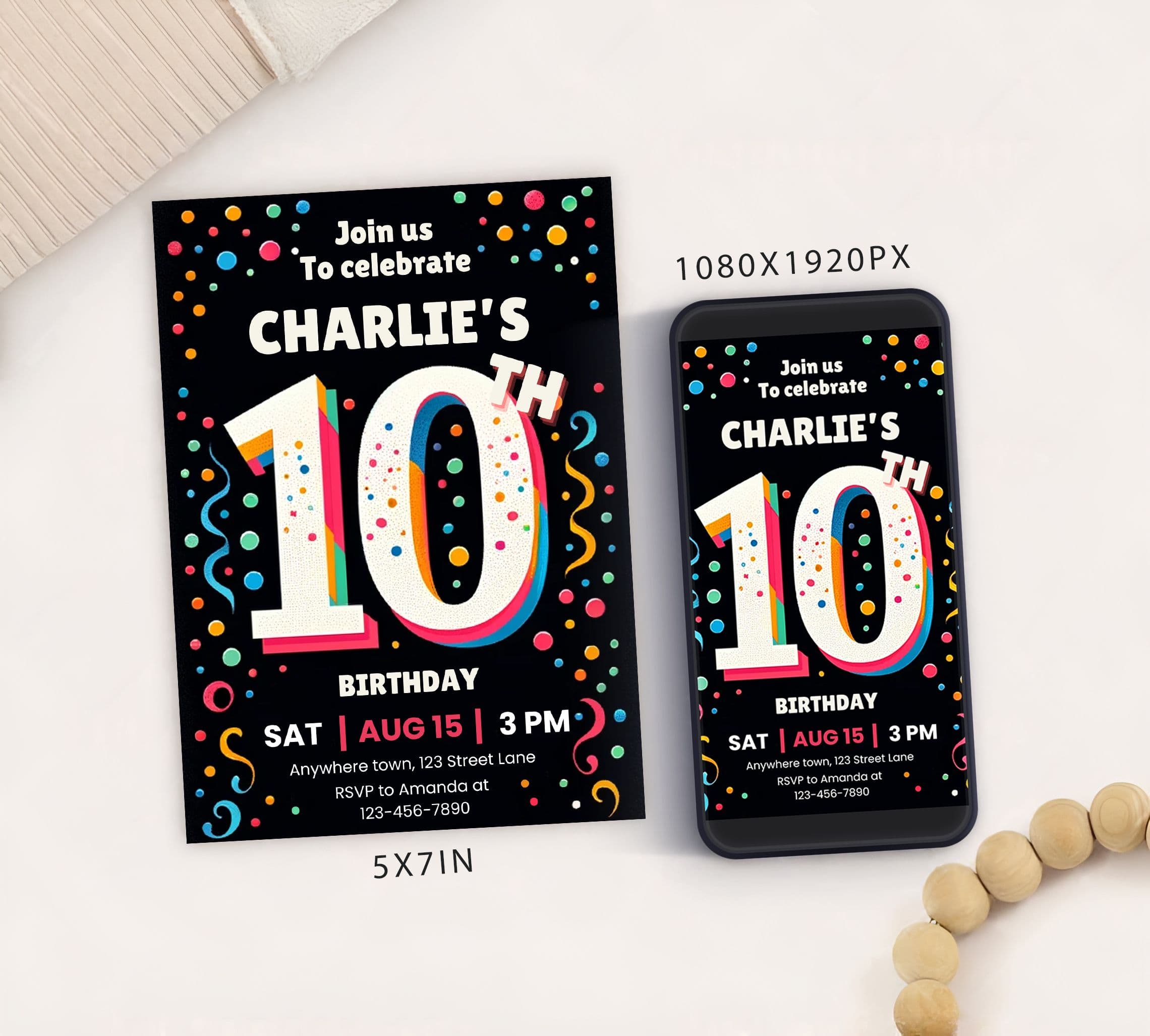 10th Birthday Party Invitation Template, Digital 10th Birthday Polka Dots Invitations, Electronic Tenth Birthday Invitation Card and Mobile