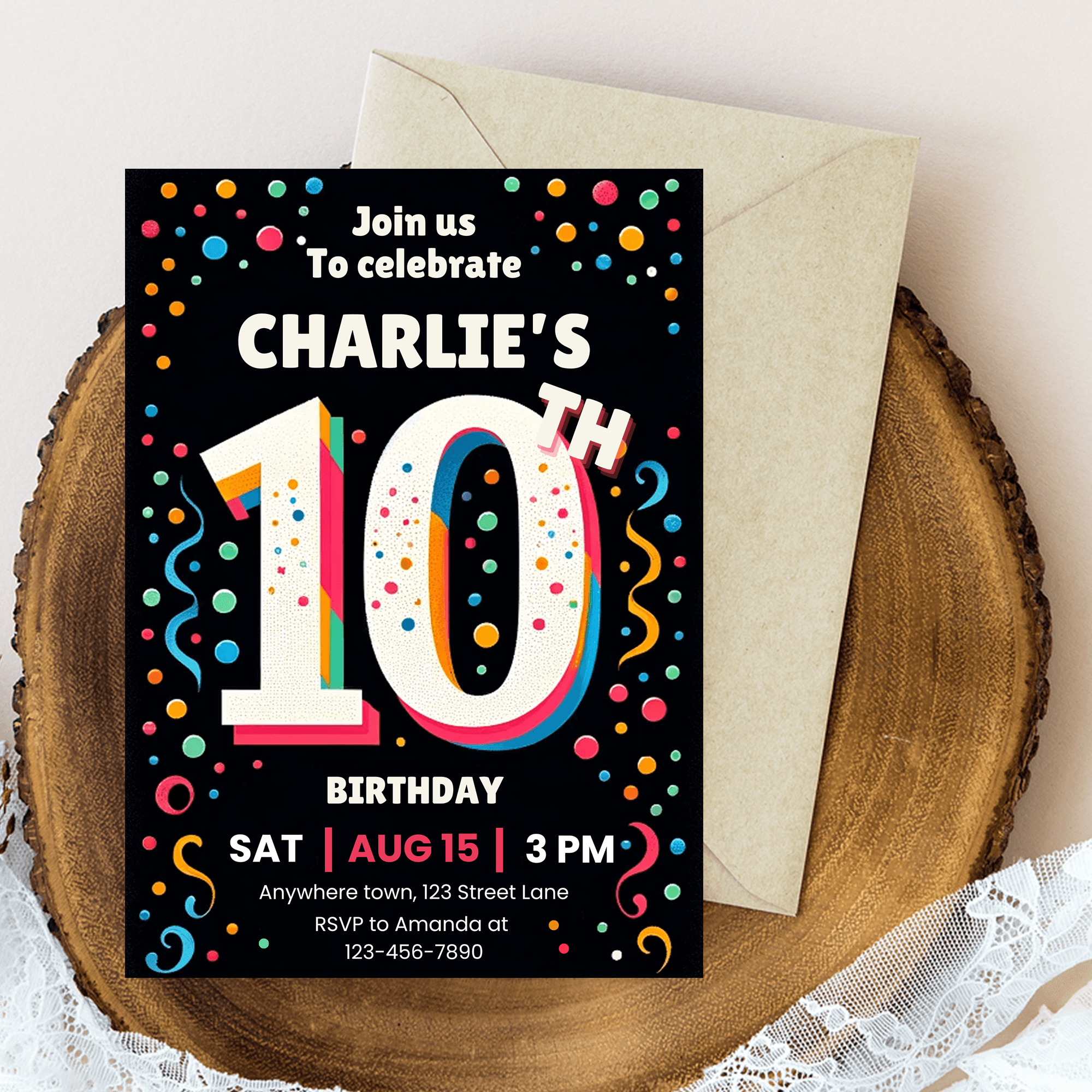 10th Birthday Party Invitation Template, Digital 10th Birthday Polka Dots Invitations, Electronic Tenth Birthday Invitation Card and Mobile