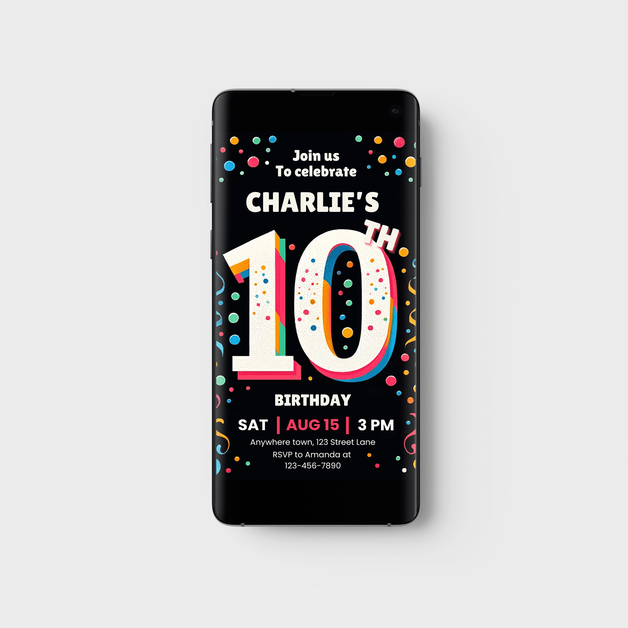 10th Birthday Party Invitation Template, Digital 10th Birthday Polka Dots Invitations, Electronic Tenth Birthday Invitation Card and Mobile