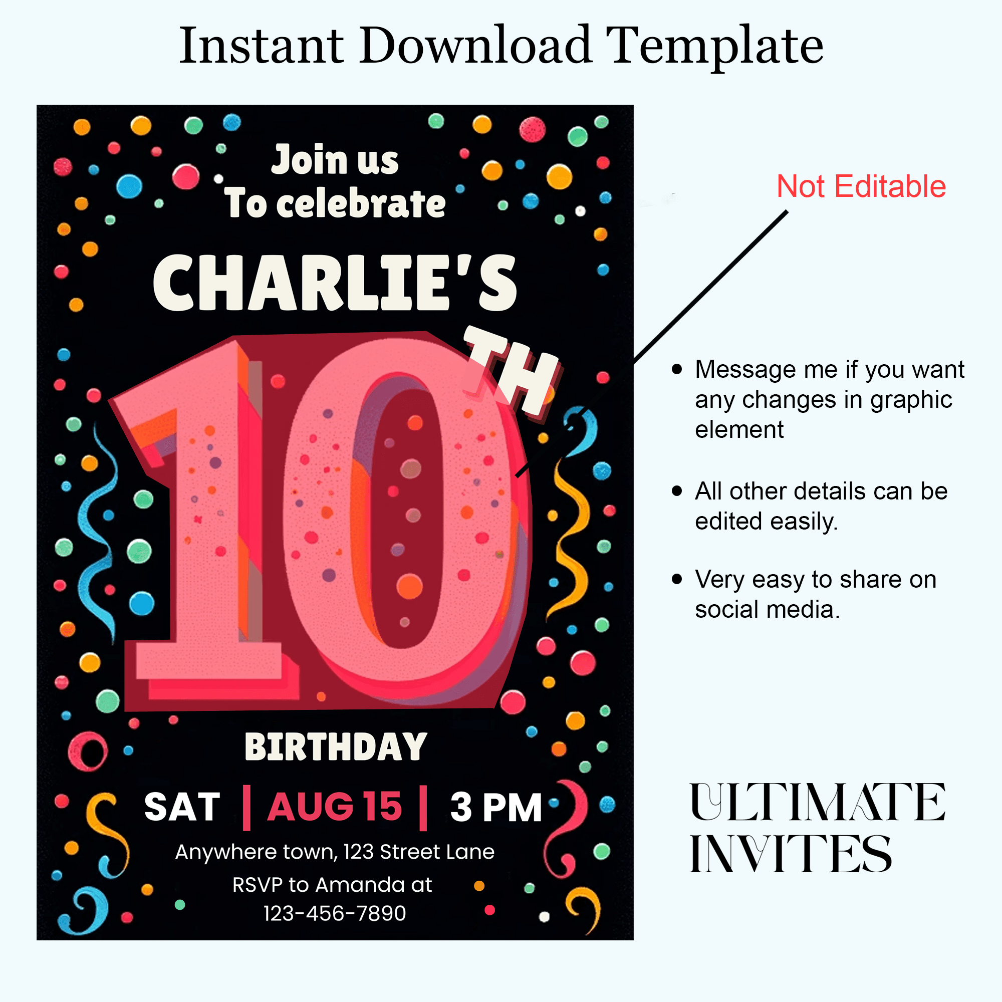 10th Birthday Party Invitation Template, Digital 10th Birthday Polka Dots Invitations, Electronic Tenth Birthday Invitation Card and Mobile