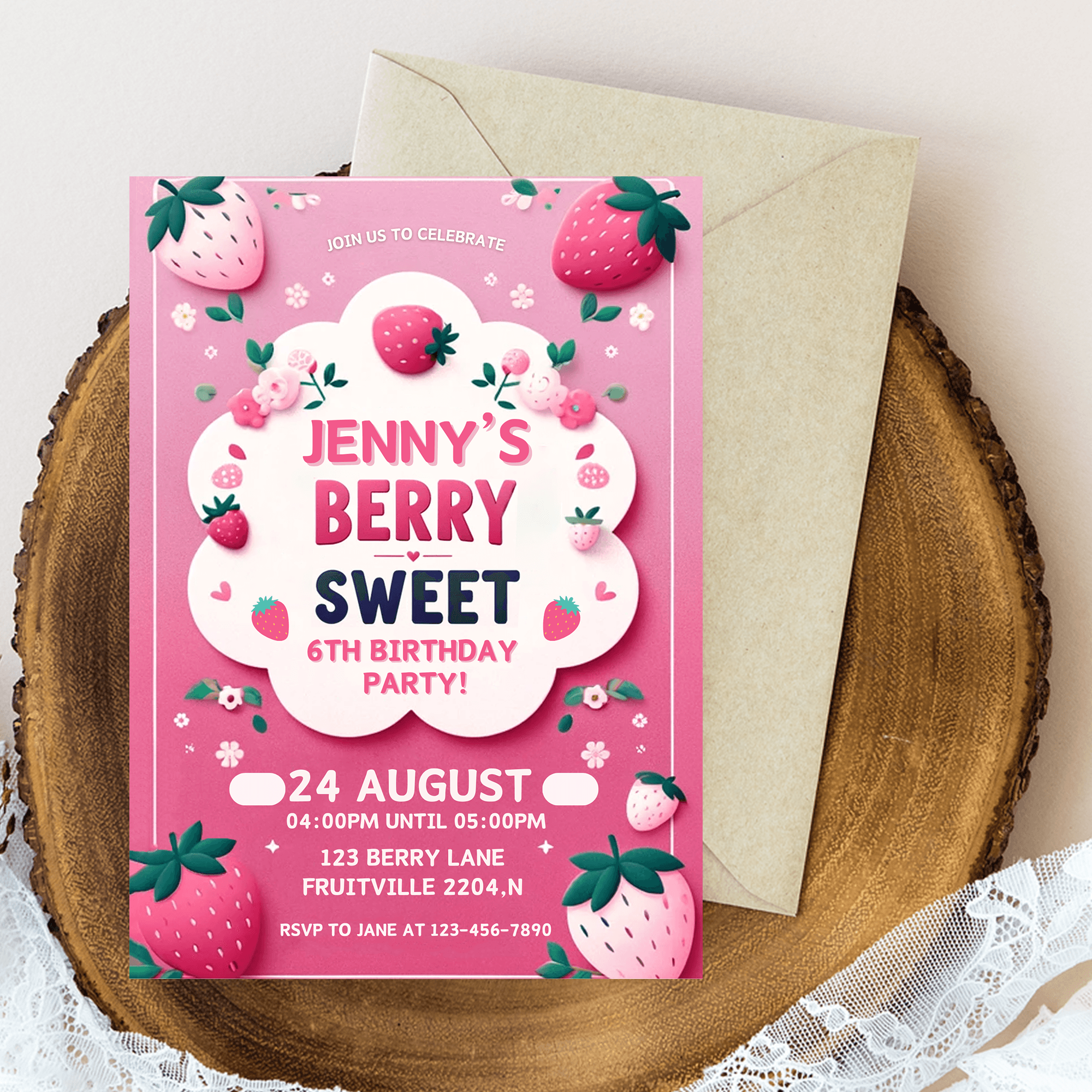 Editable Strawberry Berry Sweet Birthday Party Invitation Card Template, Digital Strawberry Birthday Invite, Electronic Party Mobile Evite