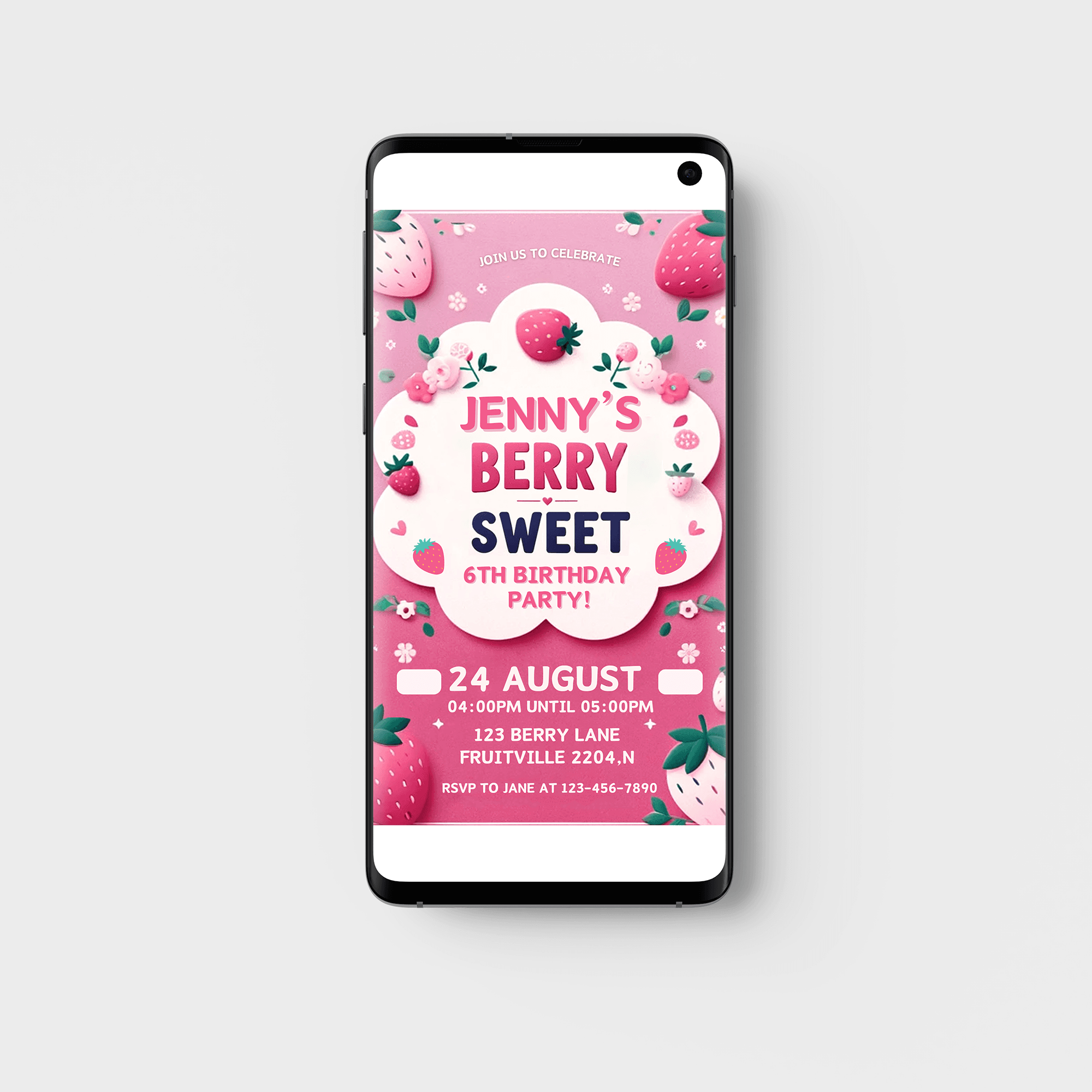 Editable Strawberry Berry Sweet Birthday Party Invitation Card Template, Digital Strawberry Birthday Invite, Electronic Party Mobile Evite