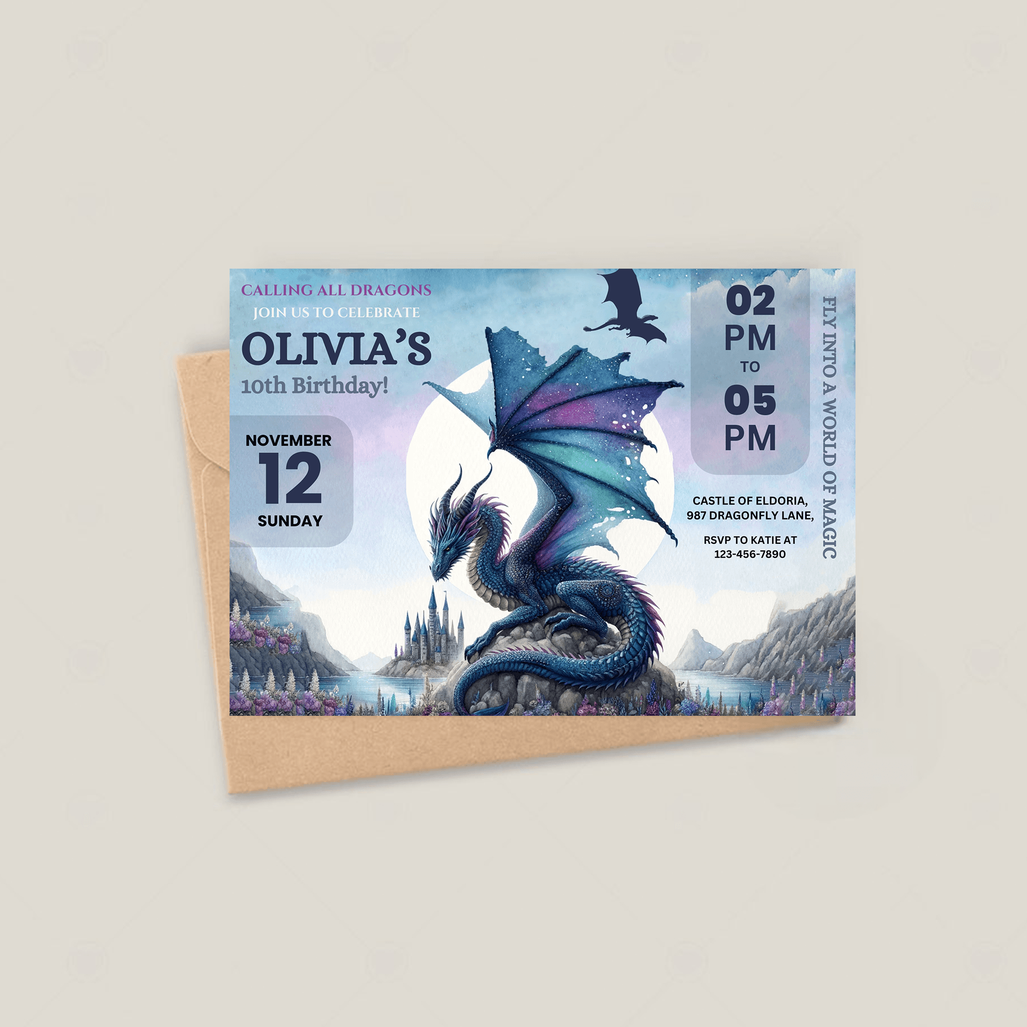 Editable Fantasy Dragon Birthday Invitation Card Editable Template, Dragon Birthday Invitation, Jurassic Birthday Invite, Printable Invite