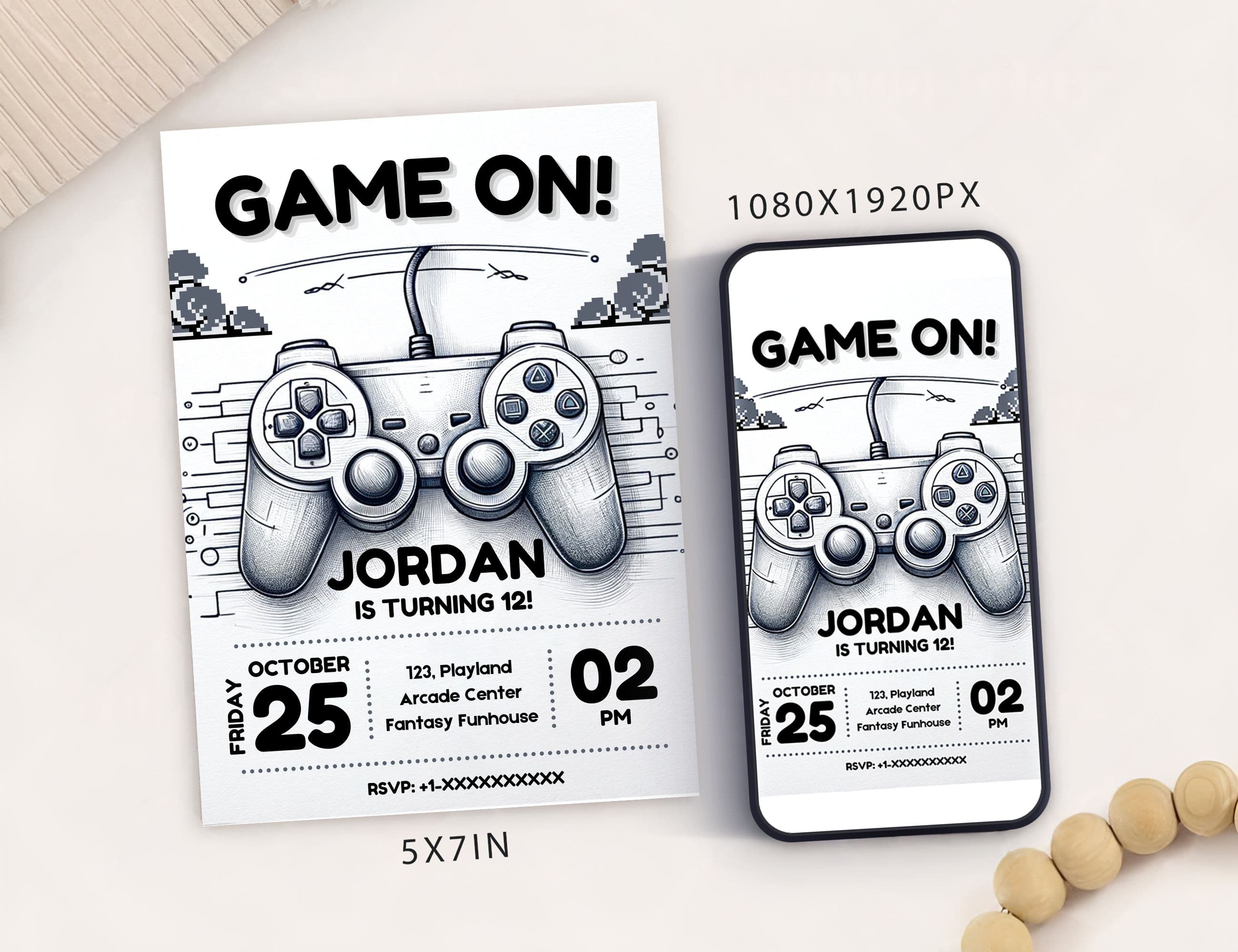 Video Game Birthday Party Invitation Card Template, Digital Gaming Controller Party Invite, Electronic Gamer Arcade Party Mobile Evite B&W