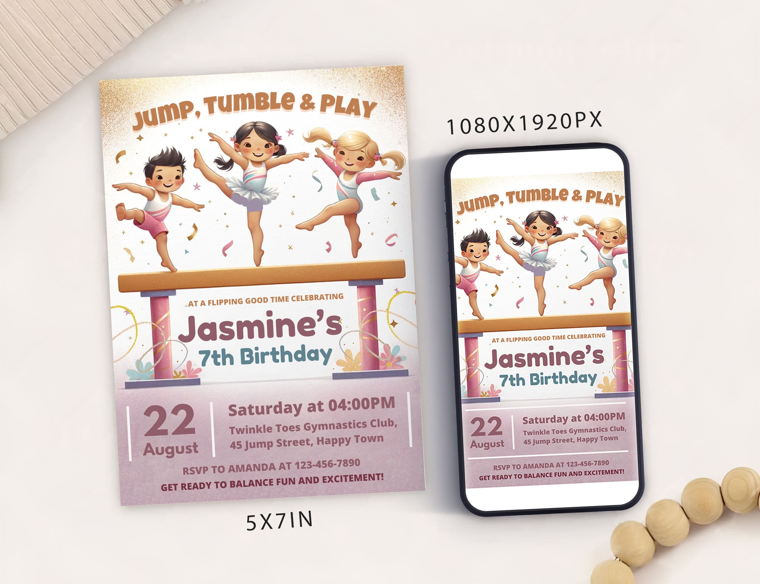 Editable Gymnastics Birthday Party Invite Card, Digital Gymnastics party birthday invitations, Electronic Gymnastics Jump, tumble & Play