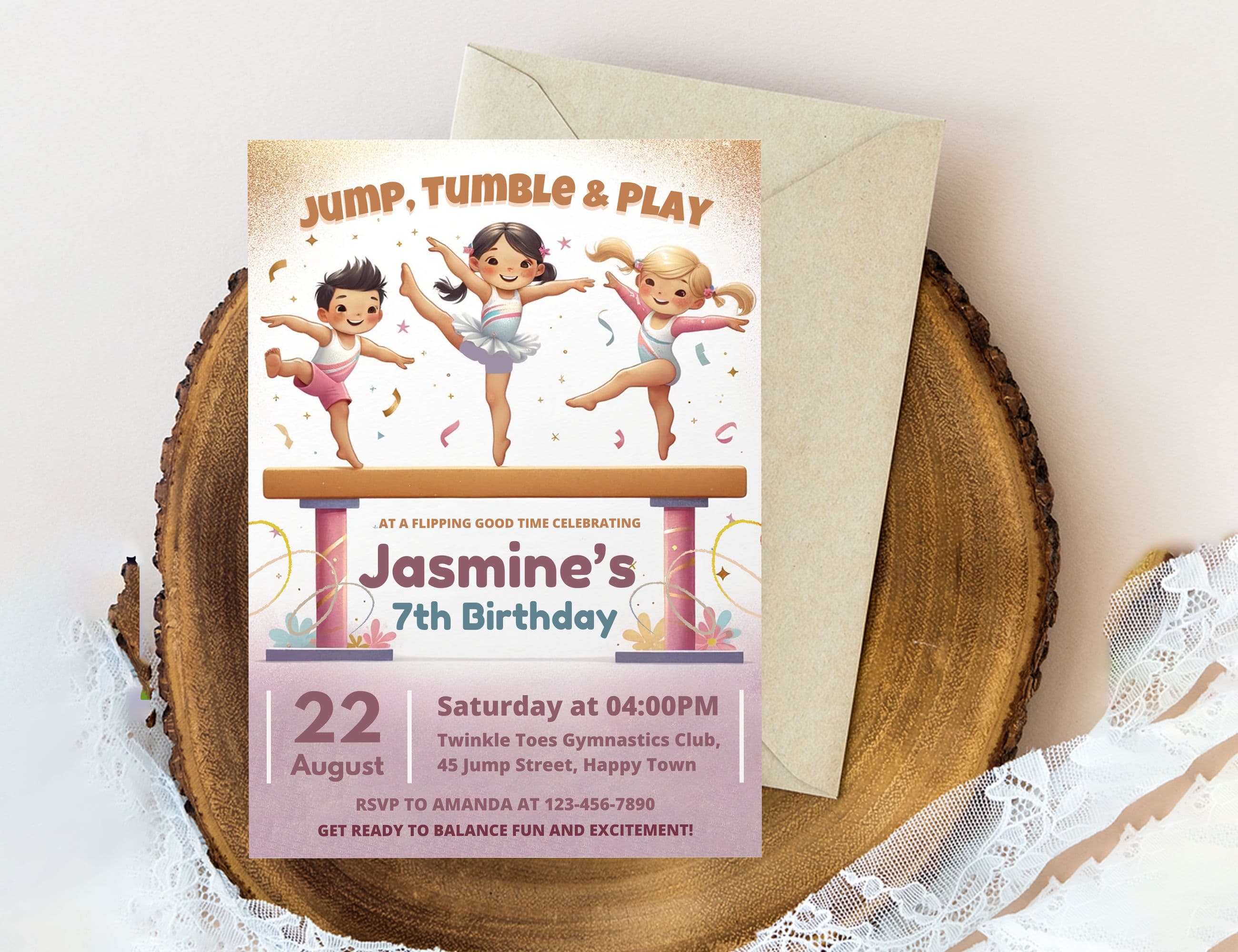 Editable Gymnastics Birthday Party Invite Card, Digital Gymnastics party birthday invitations, Electronic Gymnastics Jump, tumble & Play